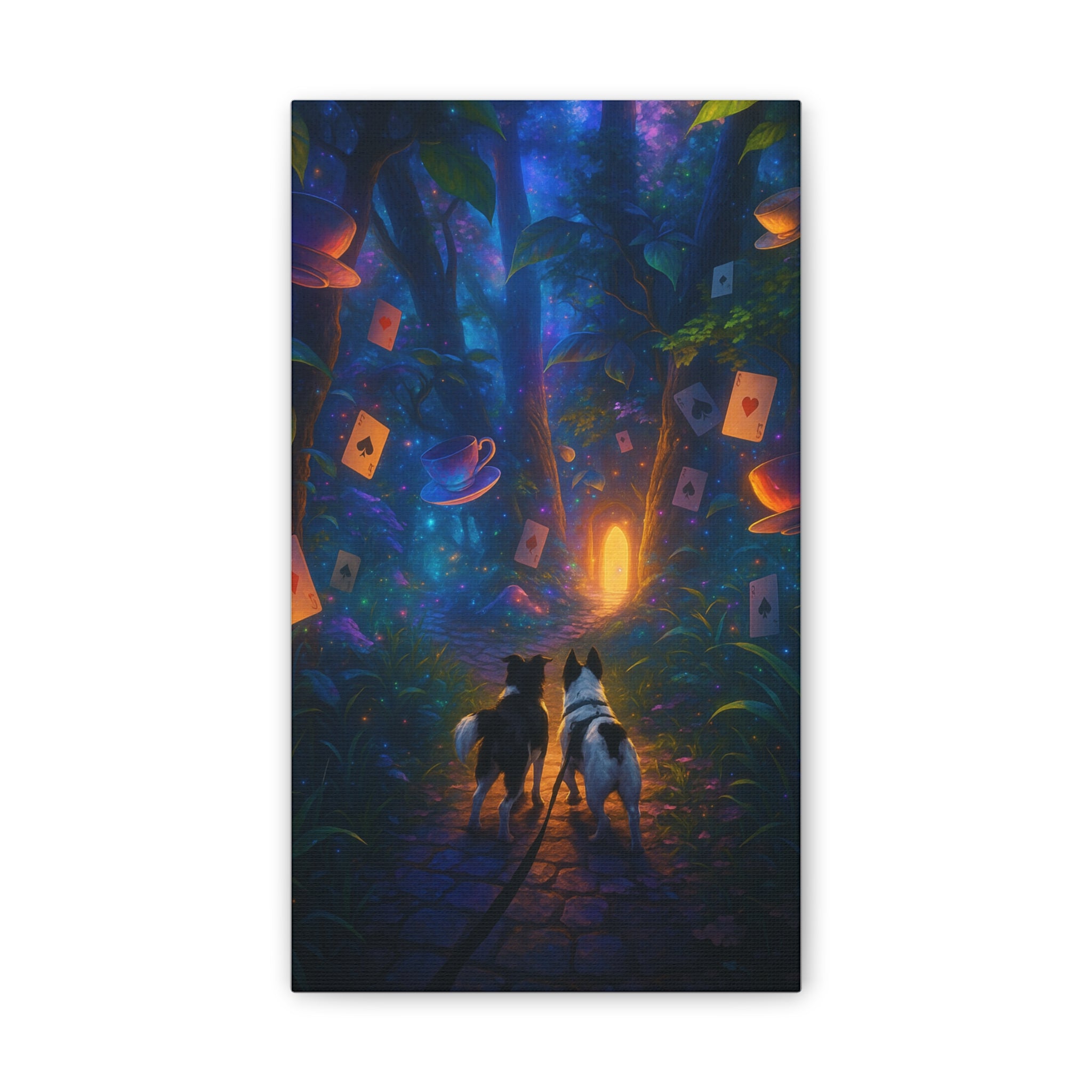 Magic Forest Canvas Wall Art — Dogs Exploring Wonderland with Glowing Door & Floating Playing Cards