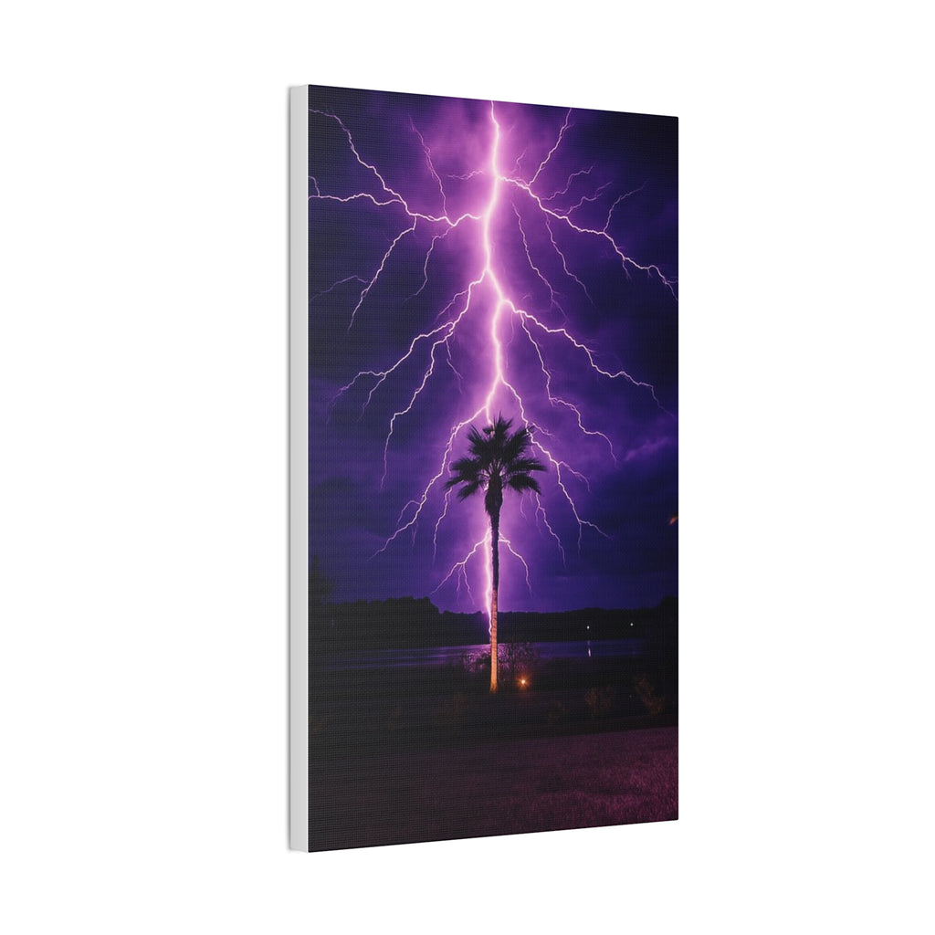 Purple Lightning Palm Tree Canvas Wall Art — Storm Photography Stretched Canvas