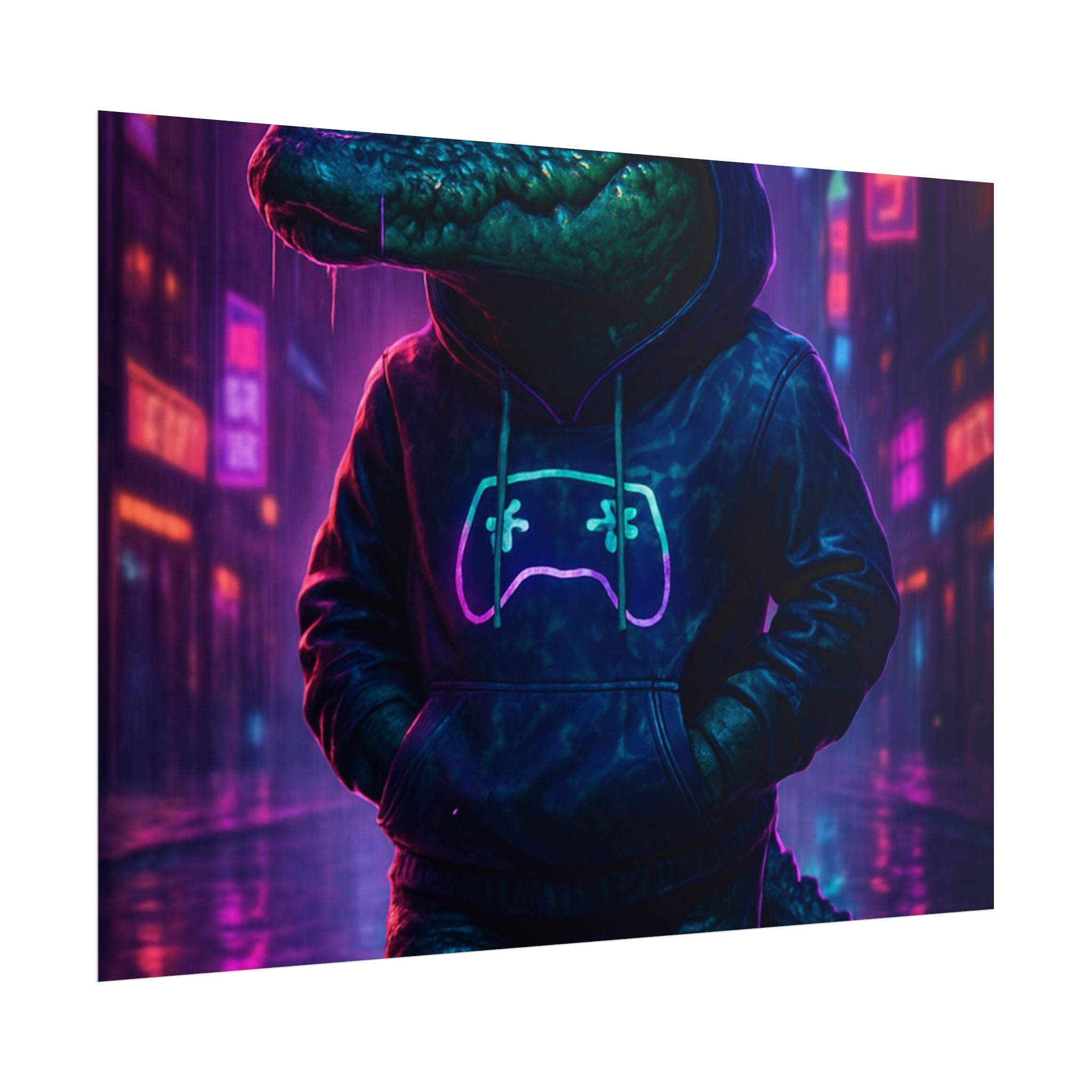 Rolled Posters - Florida Man Gaming Alligator Neon Gamer Hoodie Poster Print