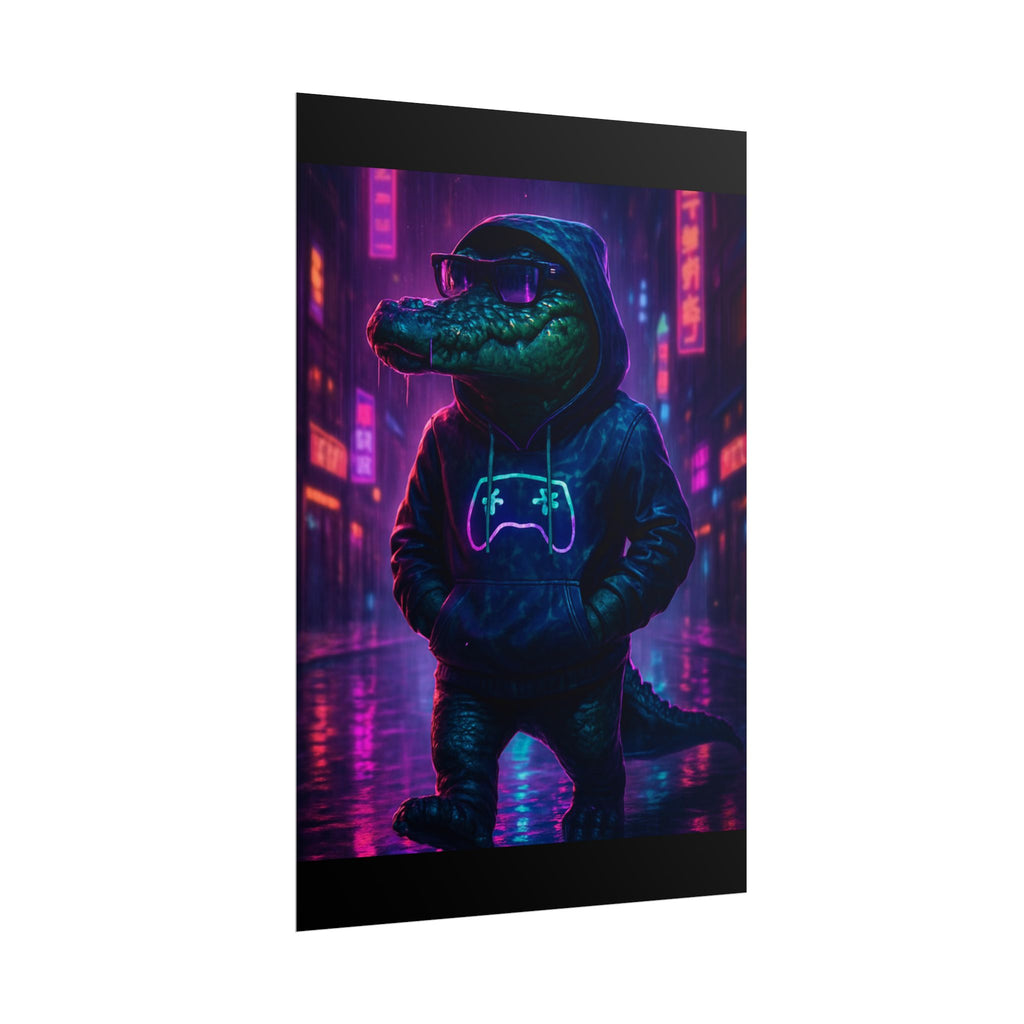 Rolled Posters - Florida Man Gaming Alligator Neon Gamer Hoodie Poster Print