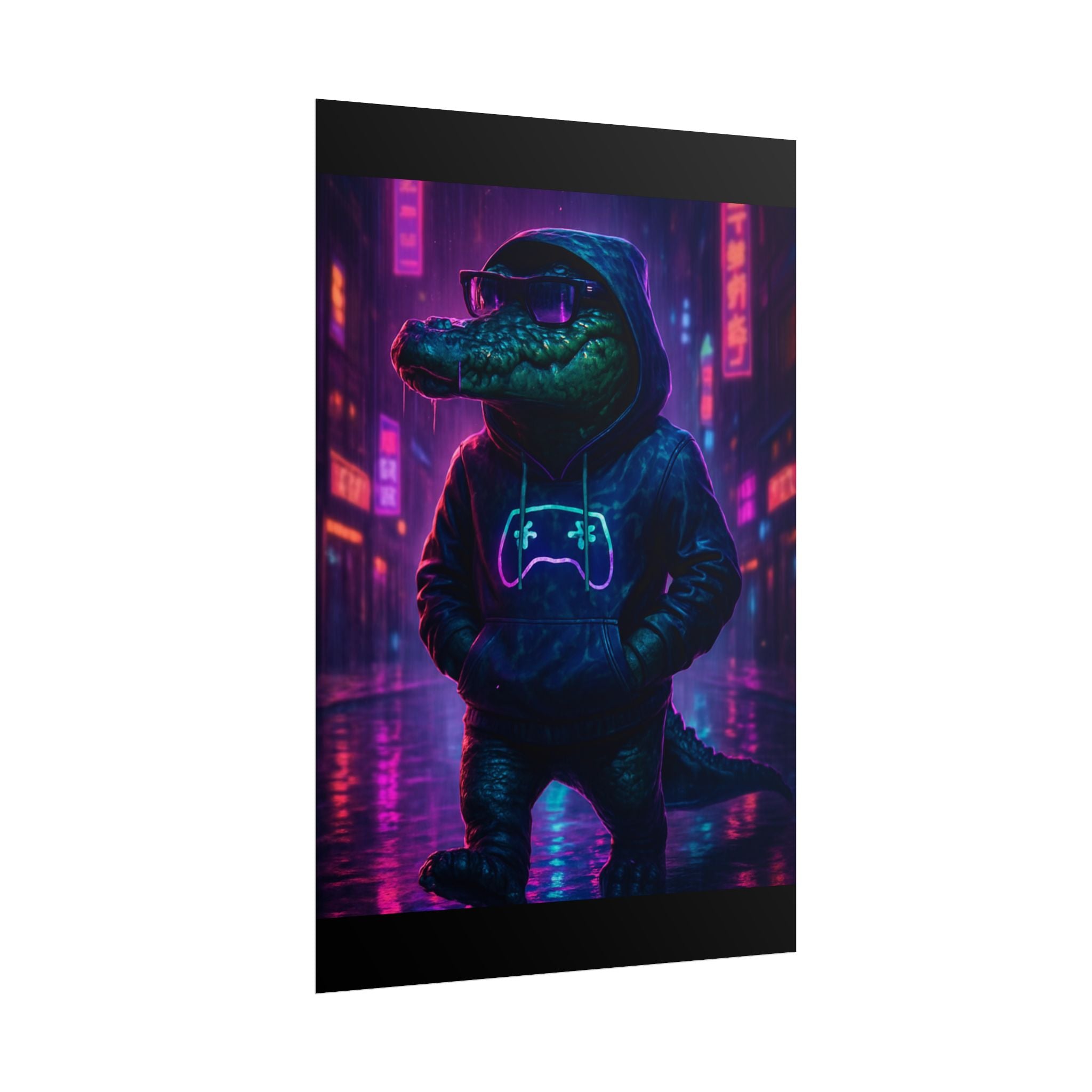 Rolled Posters - Florida Man Gaming Alligator Neon Gamer Hoodie Poster Print