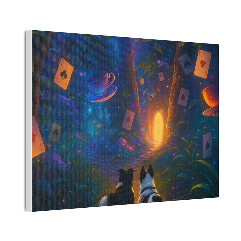 Magic Forest Canvas Wall Art — Dogs Exploring Wonderland with Glowing Door & Floating Playing Cards