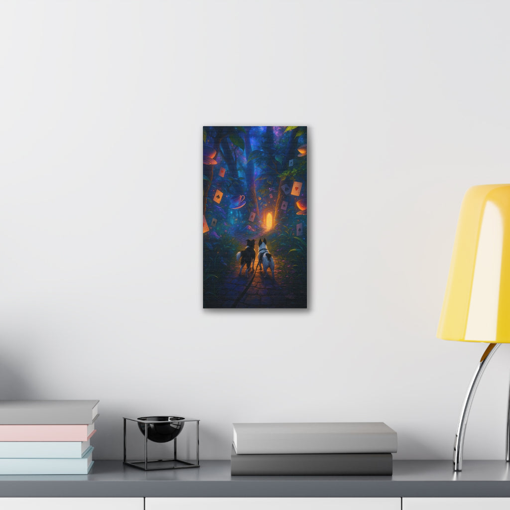 Magic Forest Canvas Wall Art — Dogs Exploring Wonderland with Glowing Door & Floating Playing Cards