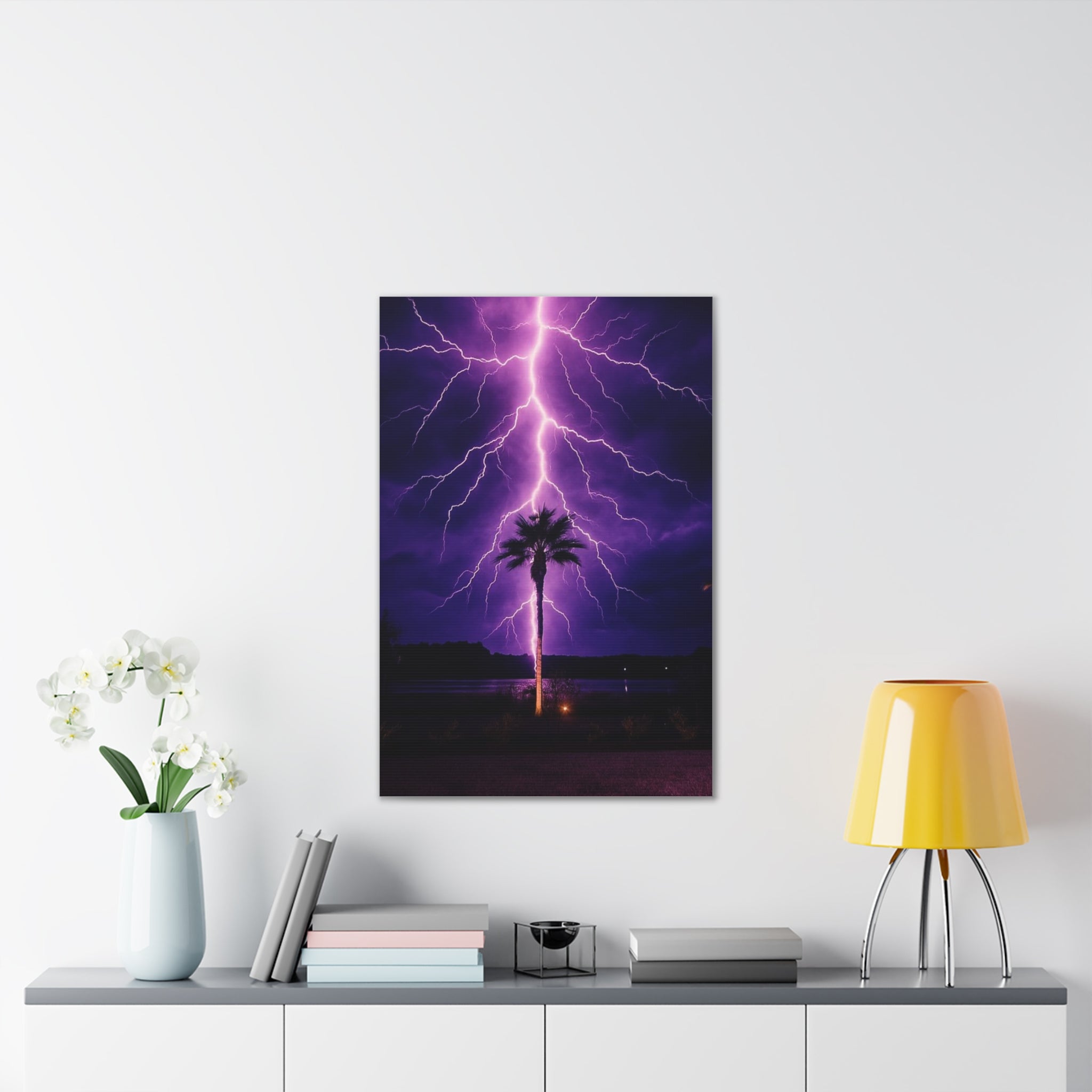 Purple Lightning Palm Tree Canvas Wall Art — Storm Photography Stretched Canvas