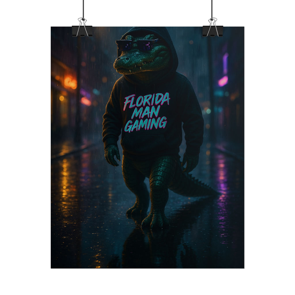 Rolled Posters - Florida Man Gaming Alligator Neon Cyberpunk Scene