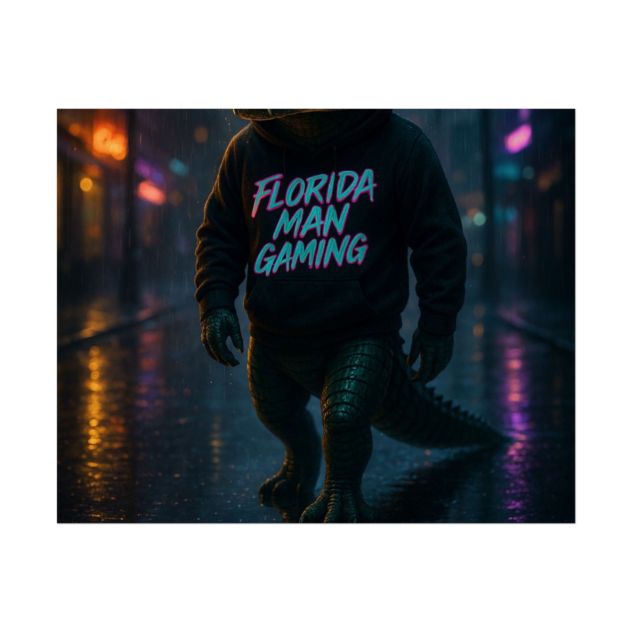 Rolled Posters - Florida Man Gaming Alligator Neon Cyberpunk Scene