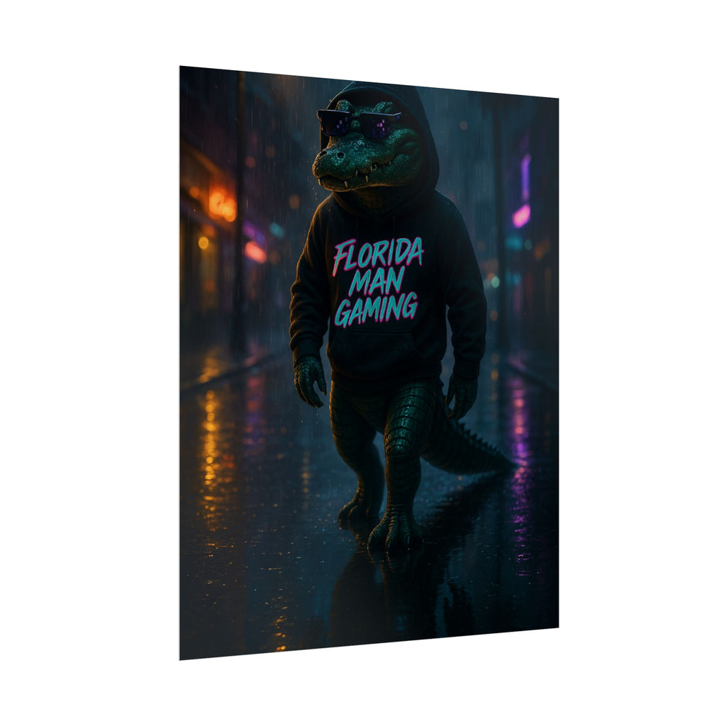 Rolled Posters - Florida Man Gaming Alligator Neon Cyberpunk Scene