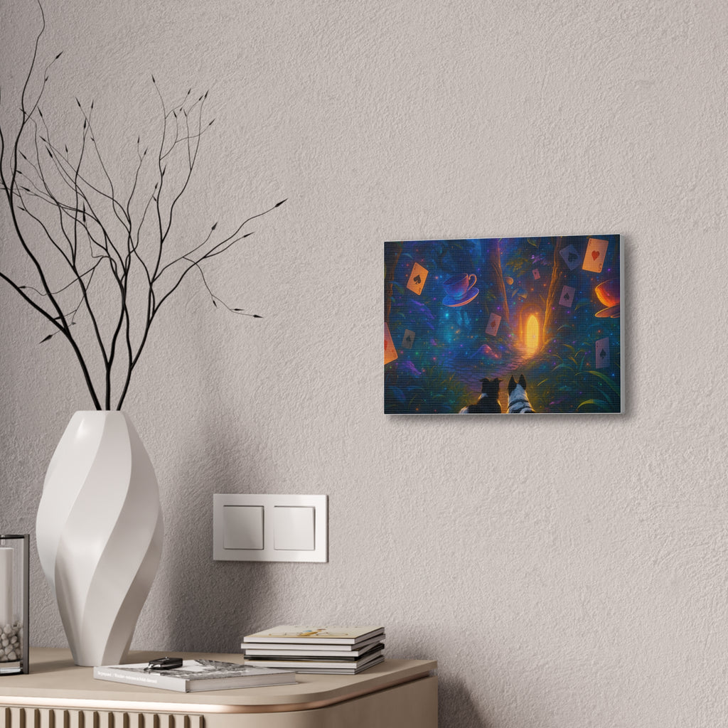 Magic Forest Canvas Wall Art — Dogs Exploring Wonderland with Glowing Door & Floating Playing Cards