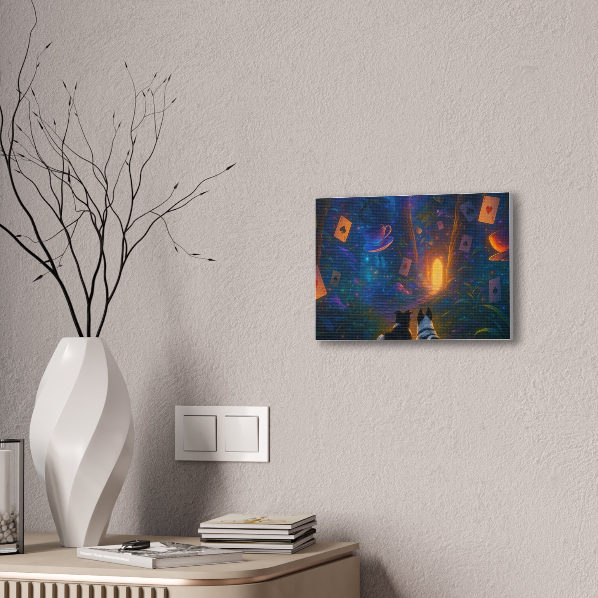 Magic Forest Canvas Wall Art — Dogs Exploring Wonderland with Glowing Door & Floating Playing Cards