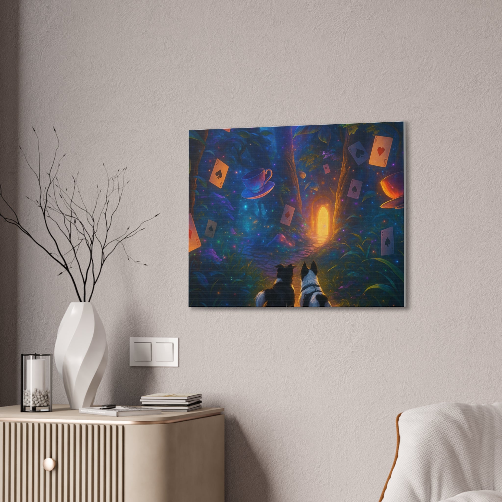Magic Forest Canvas Wall Art — Dogs Exploring Wonderland with Glowing Door & Floating Playing Cards