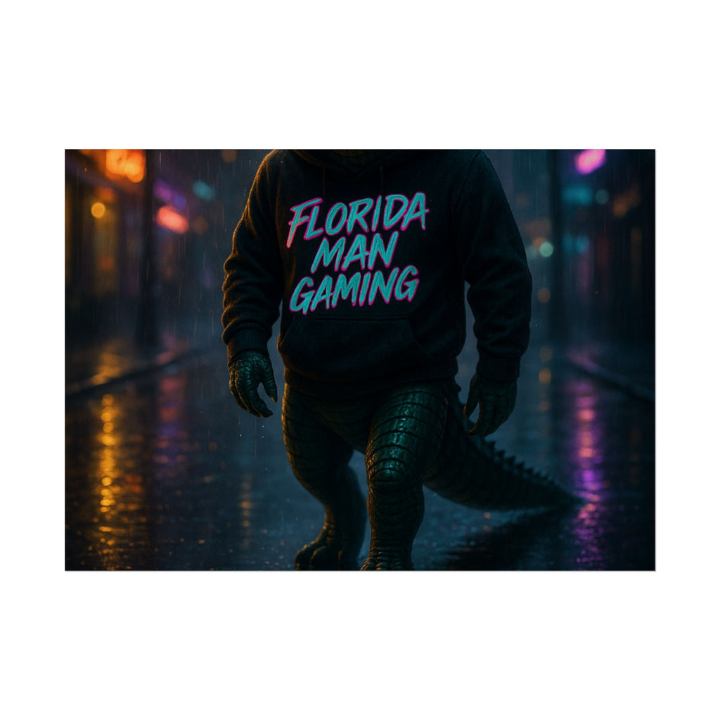 Rolled Posters - Florida Man Gaming Alligator Neon Cyberpunk Scene