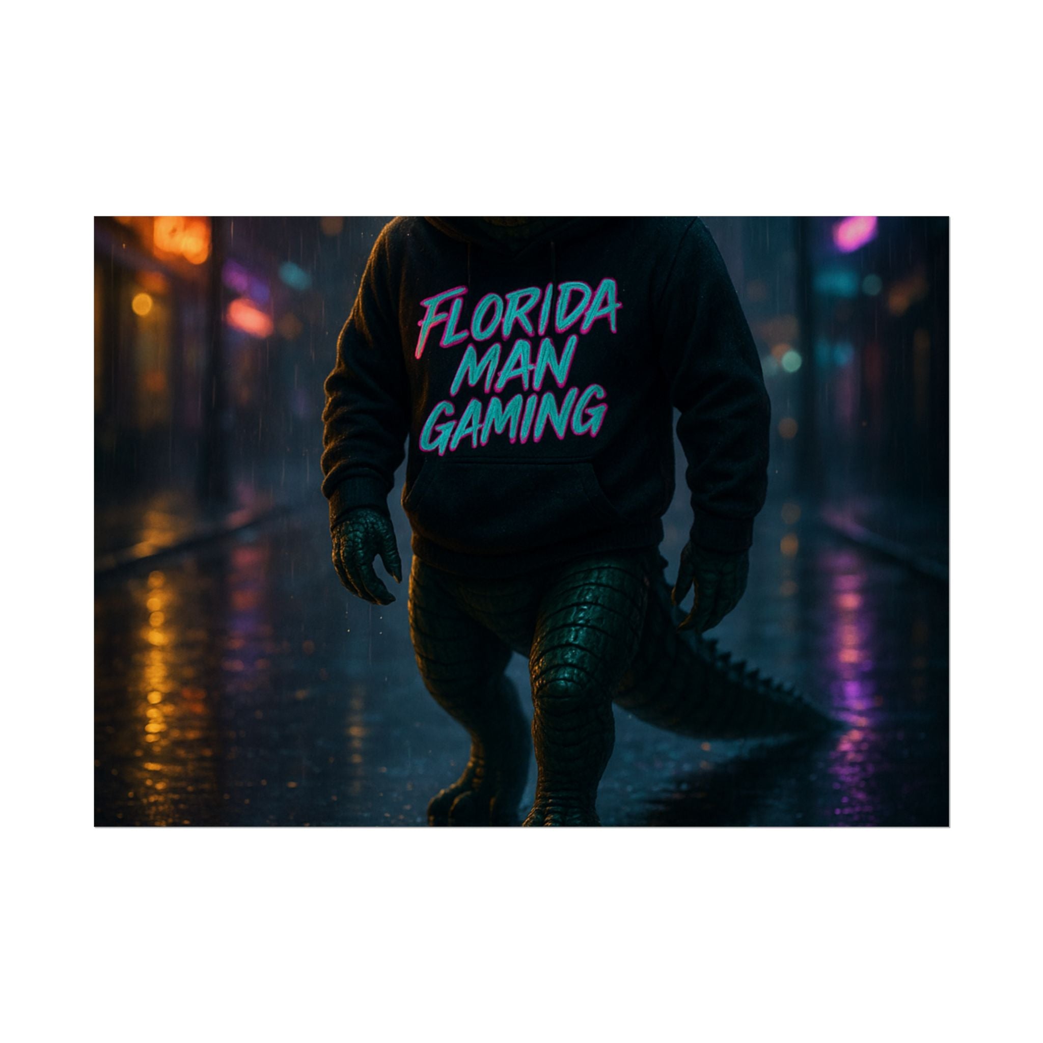Rolled Posters - Florida Man Gaming Alligator Neon Cyberpunk Scene