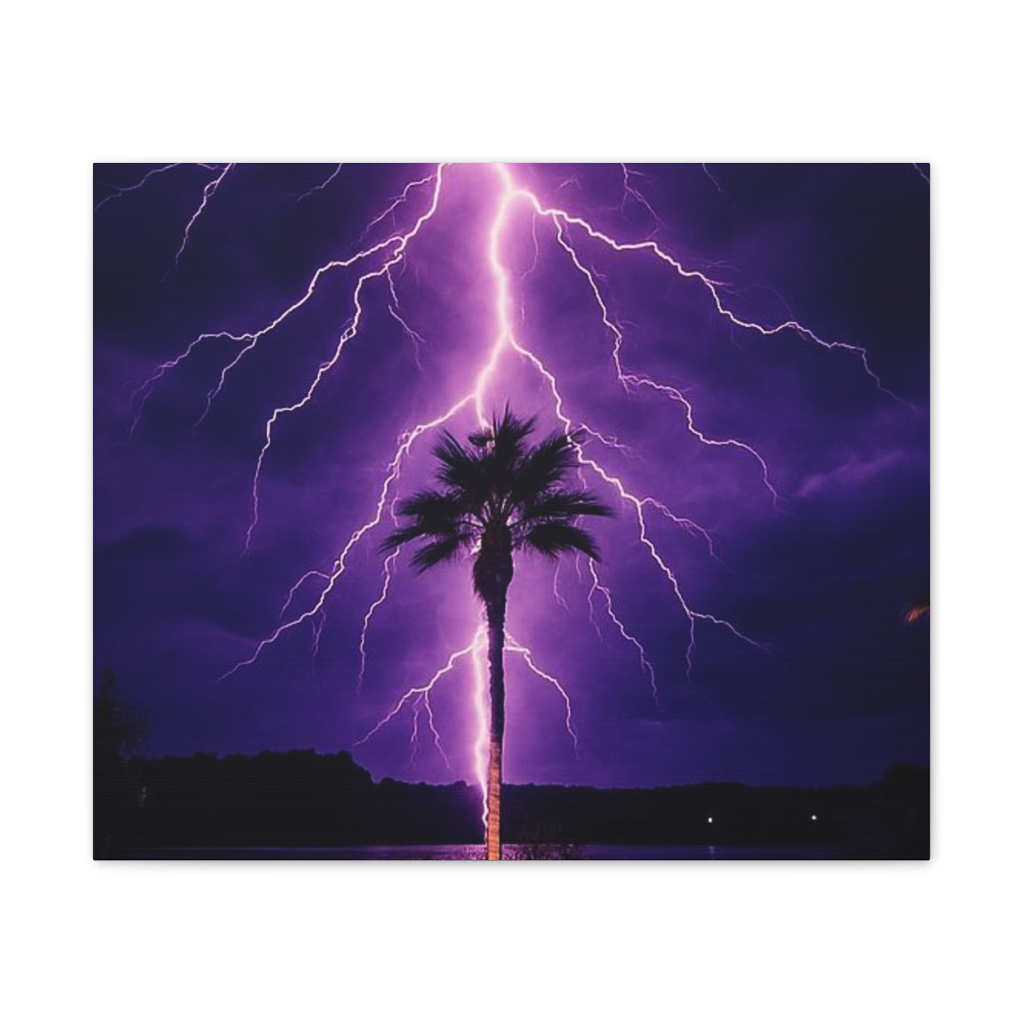 Purple Lightning Palm Tree Canvas Wall Art — Storm Photography Stretched Canvas