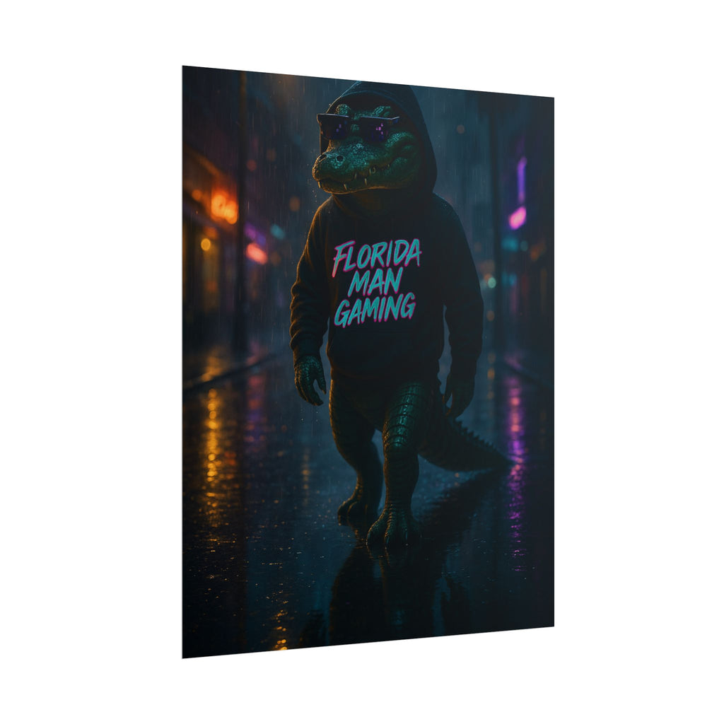 Rolled Posters - Florida Man Gaming Alligator Neon Cyberpunk Scene