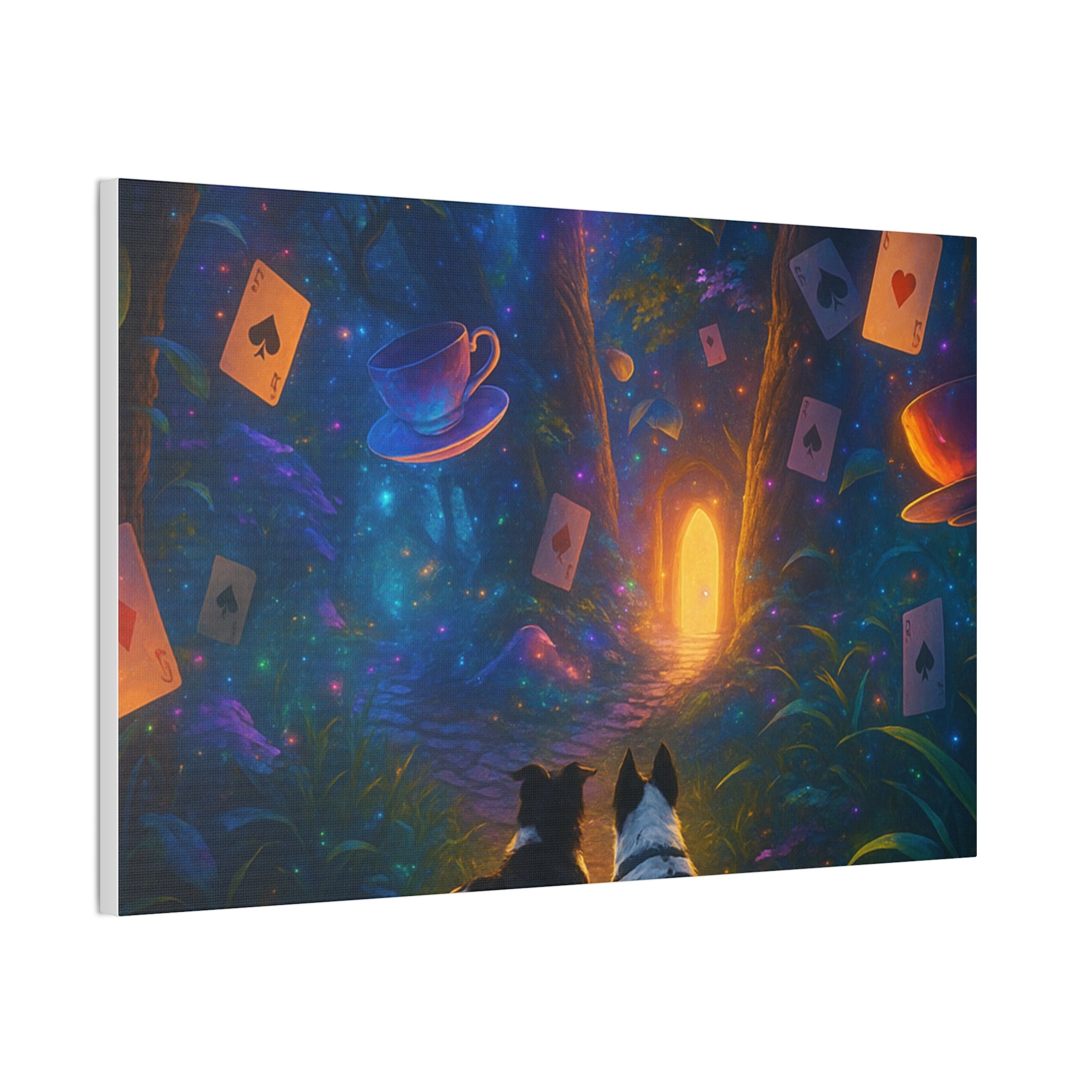 Magic Forest Canvas Wall Art — Dogs Exploring Wonderland with Glowing Door & Floating Playing Cards