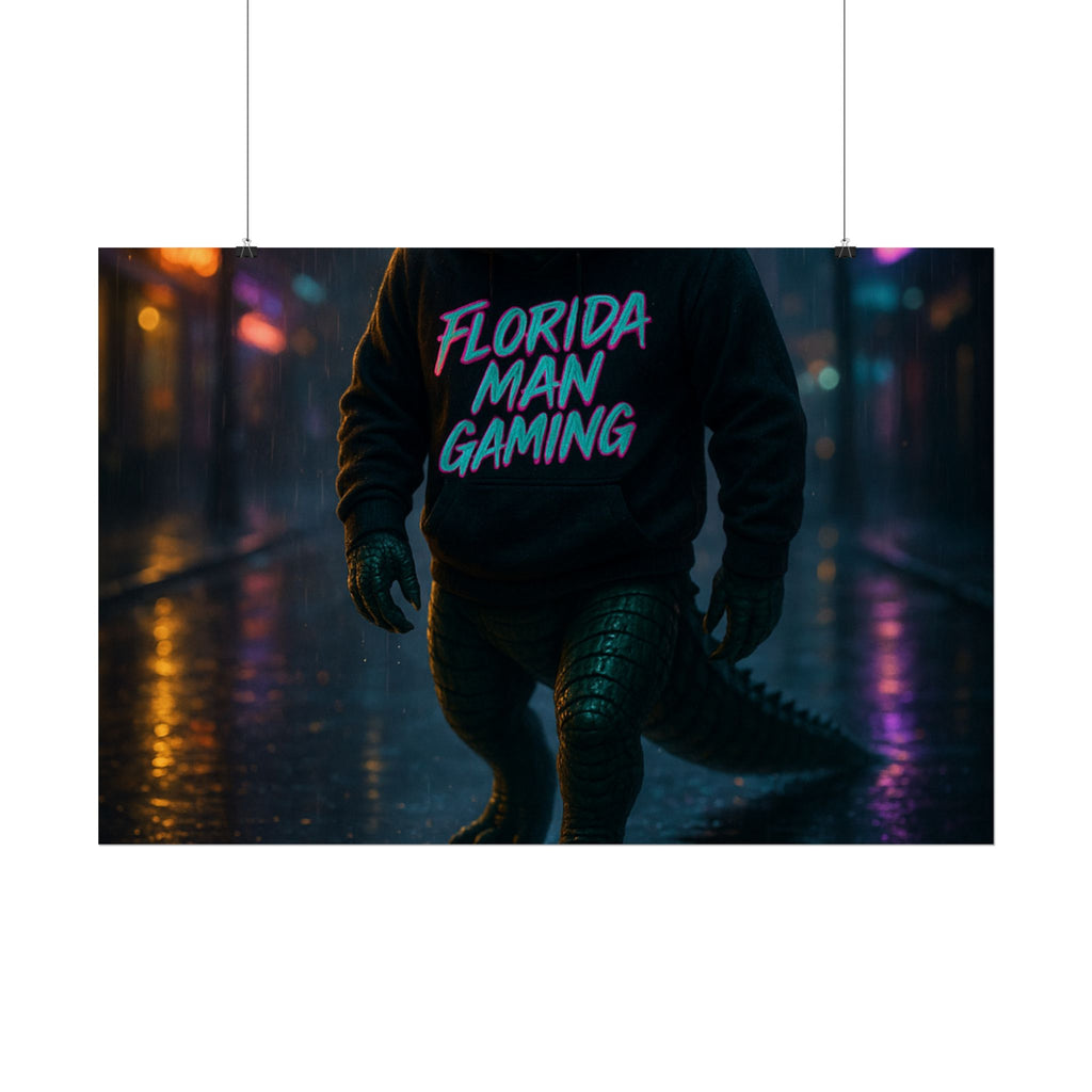 Rolled Posters - Florida Man Gaming Alligator Neon Cyberpunk Scene