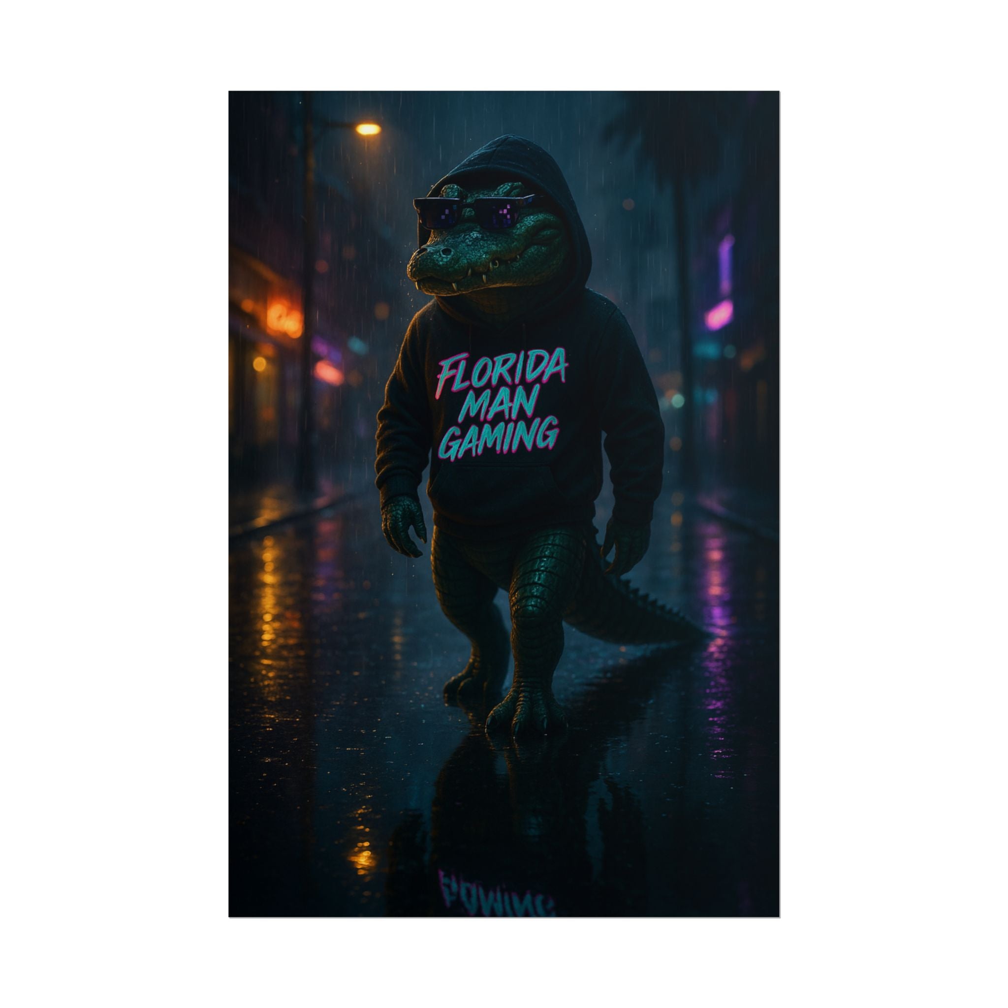 Rolled Posters - Florida Man Gaming Alligator Neon Cyberpunk Scene