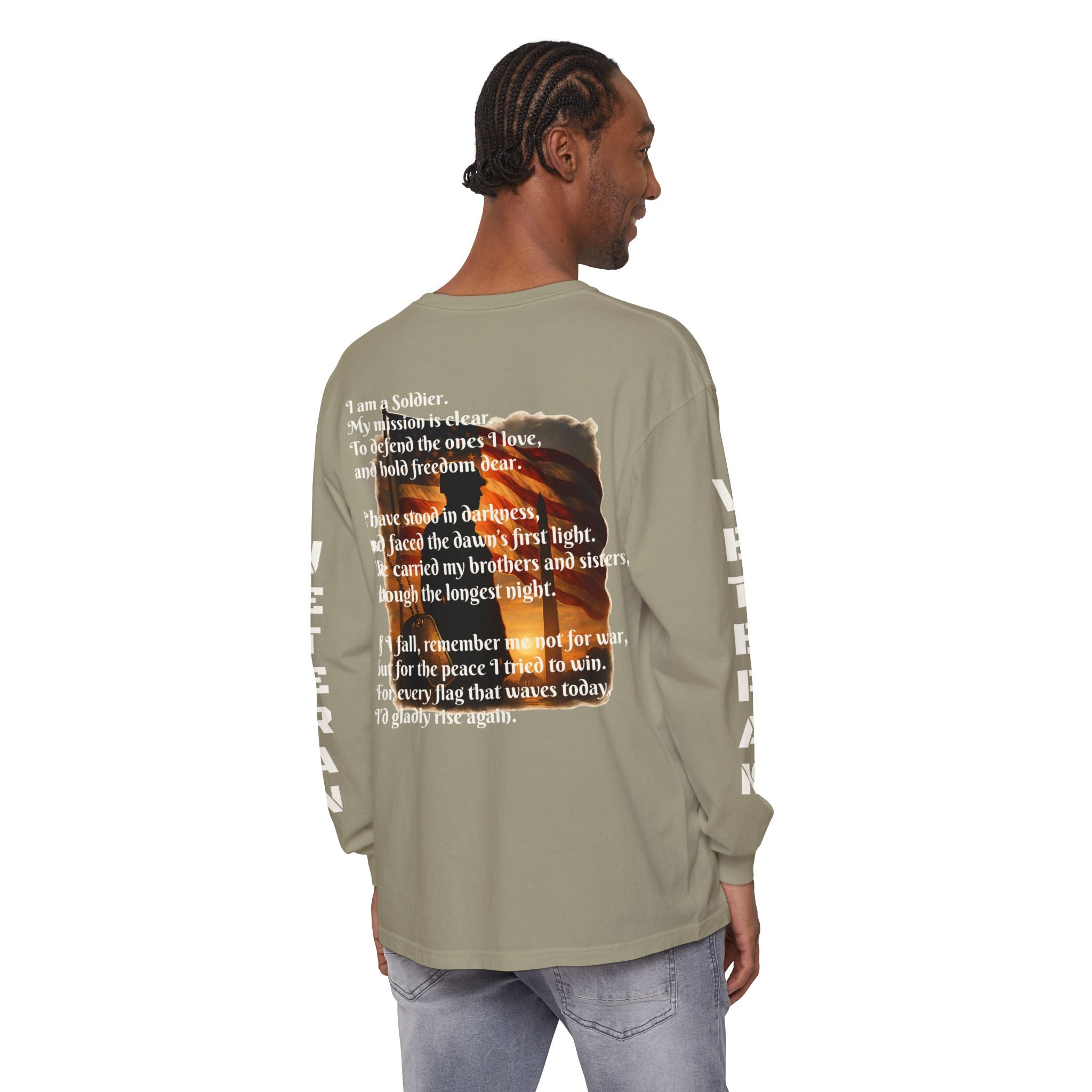 Veteran Tribute Long Sleeve T-Shirt — Patriotic Flag & Poem Design