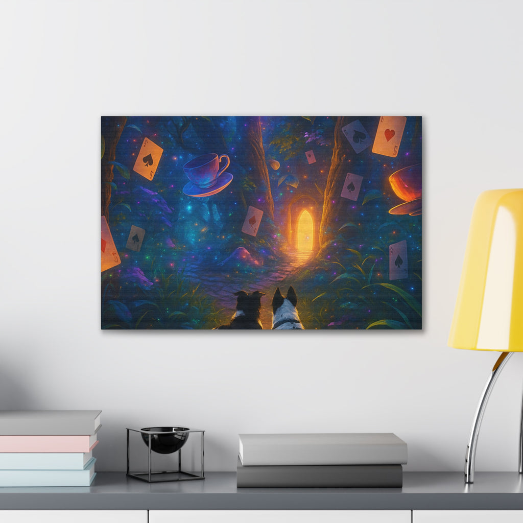 Magic Forest Canvas Wall Art — Dogs Exploring Wonderland with Glowing Door & Floating Playing Cards