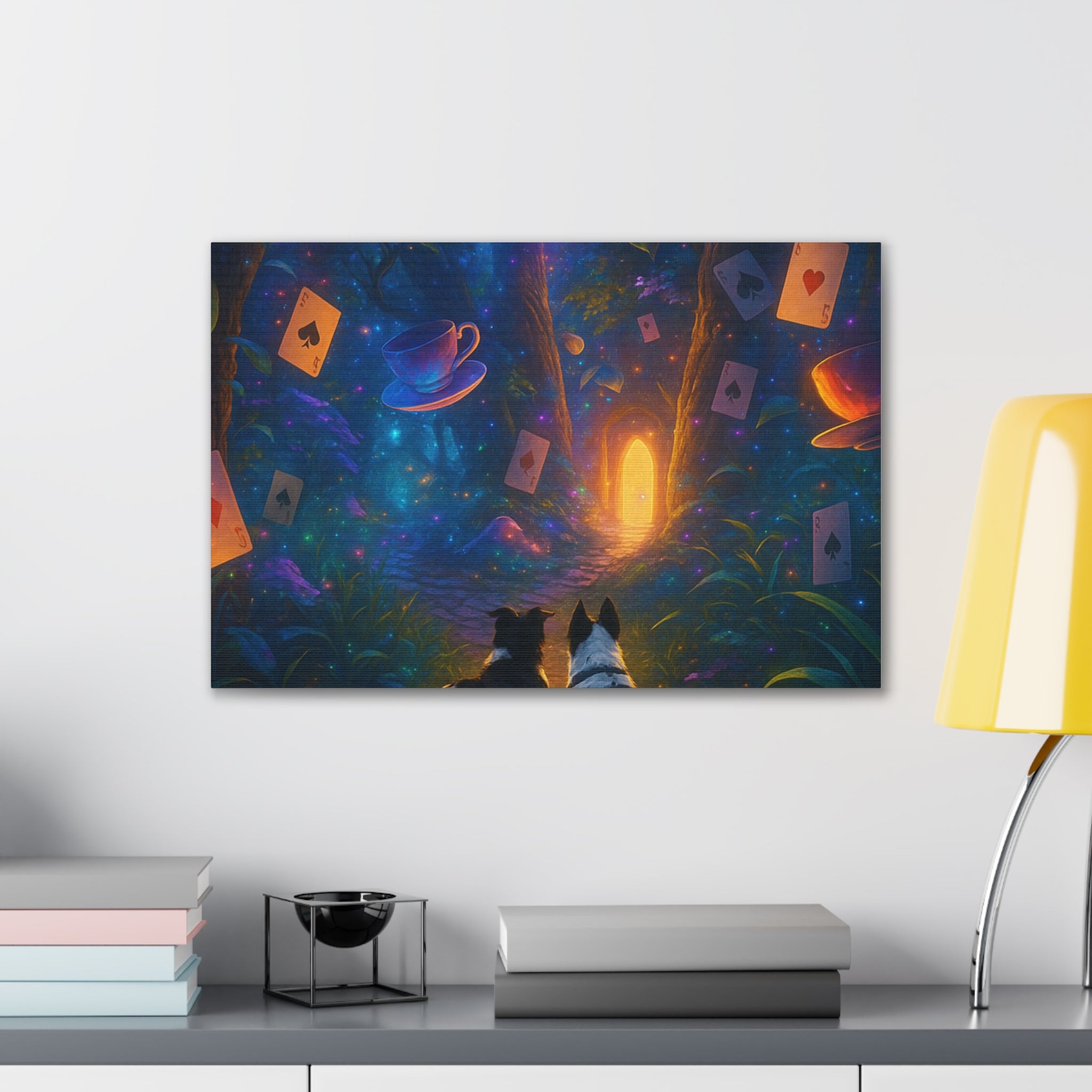 Magic Forest Canvas Wall Art — Dogs Exploring Wonderland with Glowing Door & Floating Playing Cards