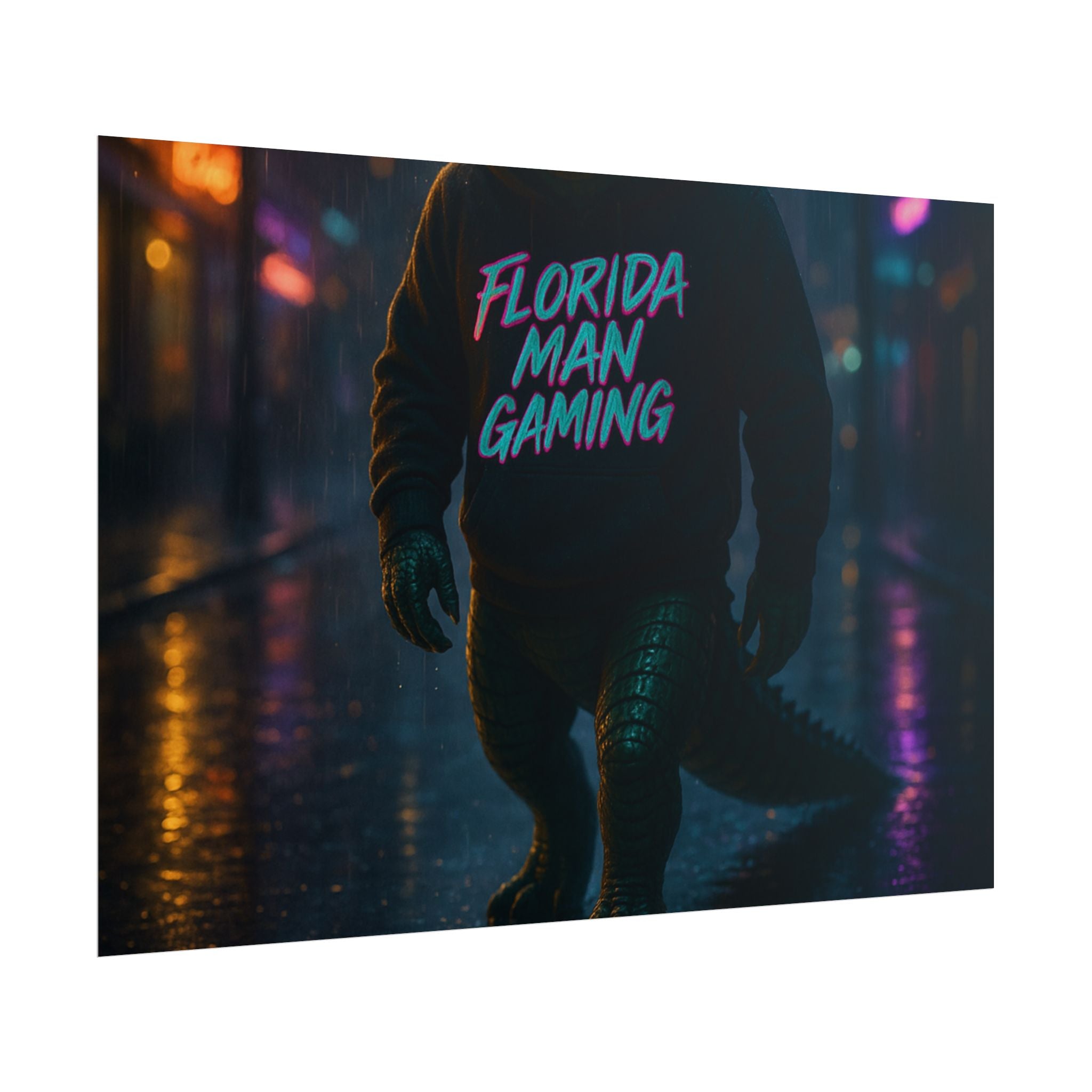 Rolled Posters - Florida Man Gaming Alligator Neon Cyberpunk Scene