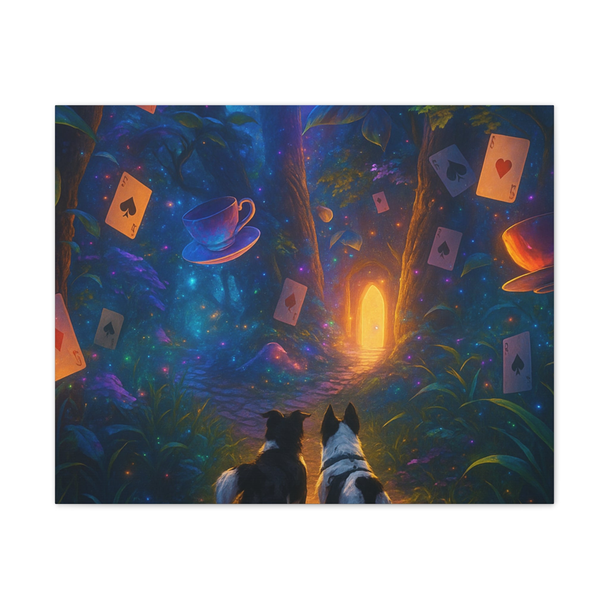 Magic Forest Canvas Wall Art — Dogs Exploring Wonderland with Glowing Door & Floating Playing Cards