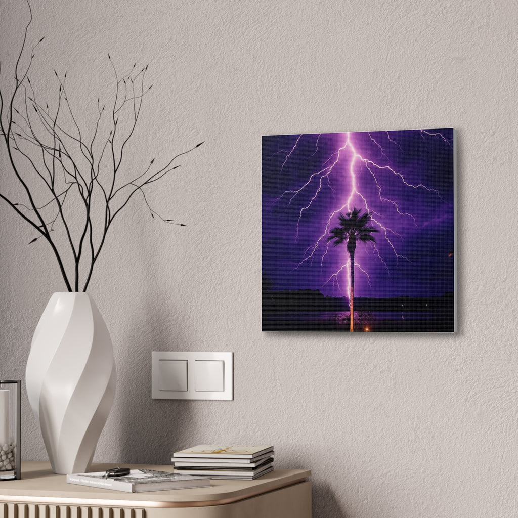 Purple Lightning Palm Tree Canvas Wall Art — Storm Photography Stretched Canvas