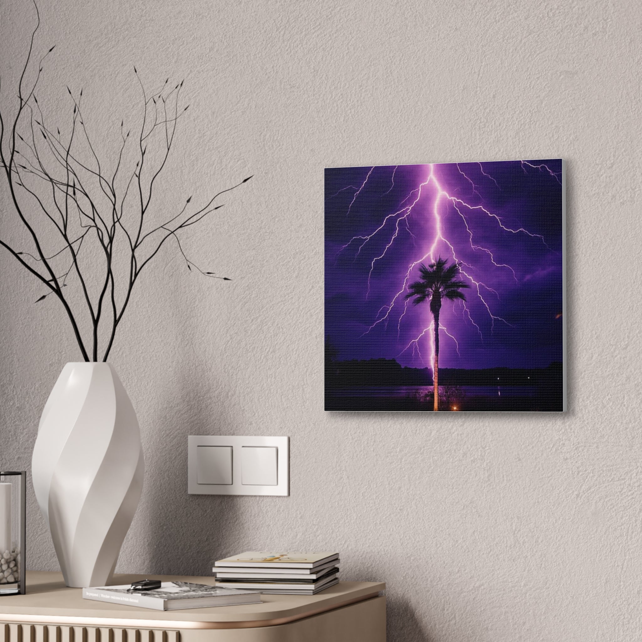 Purple Lightning Palm Tree Canvas Wall Art — Storm Photography Stretched Canvas