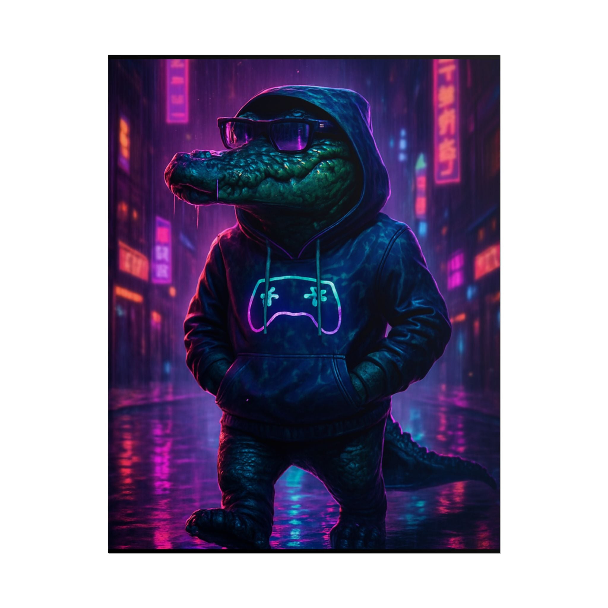 Rolled Posters - Florida Man Gaming Alligator Neon Gamer Hoodie Poster Print