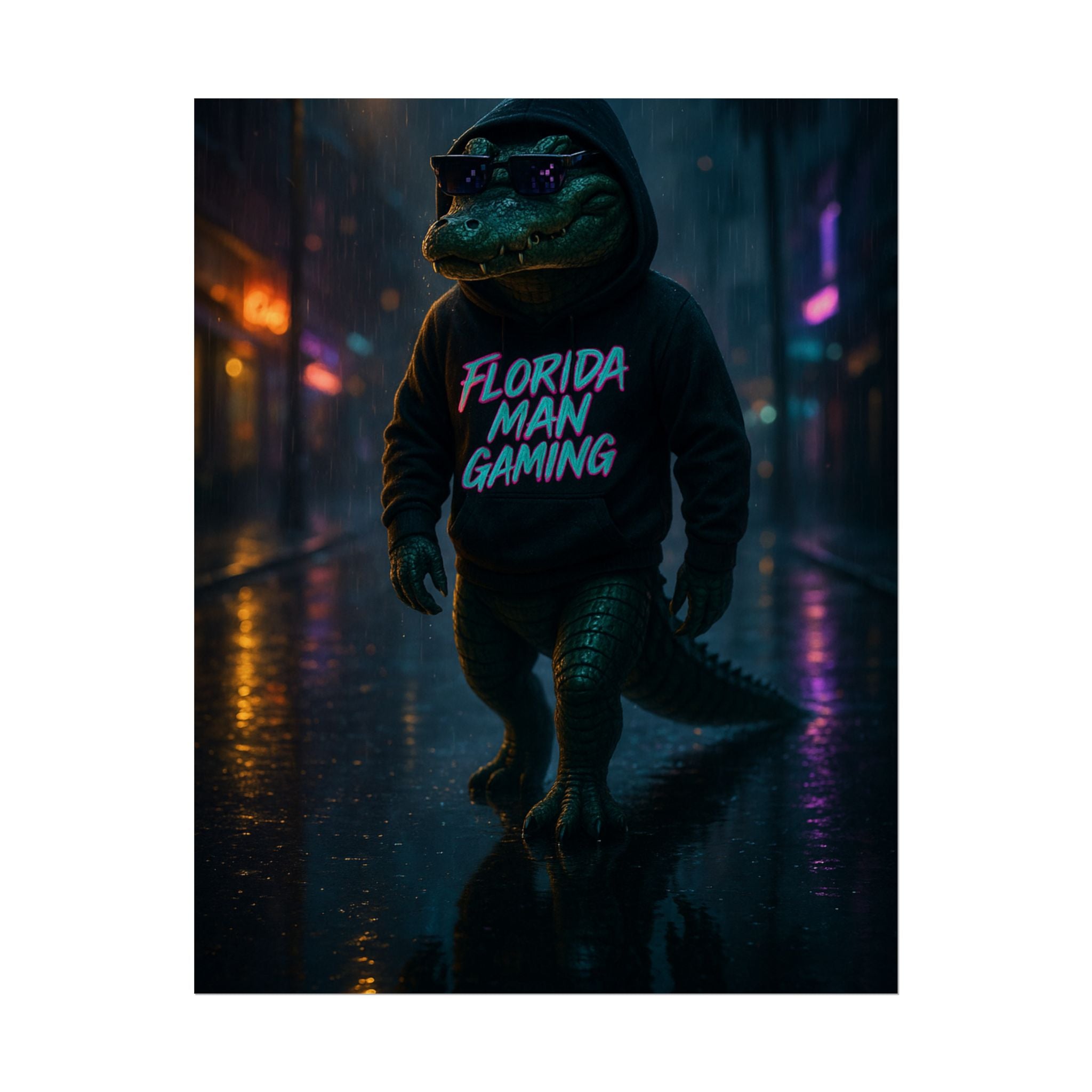 Rolled Posters - Florida Man Gaming Alligator Neon Cyberpunk Scene