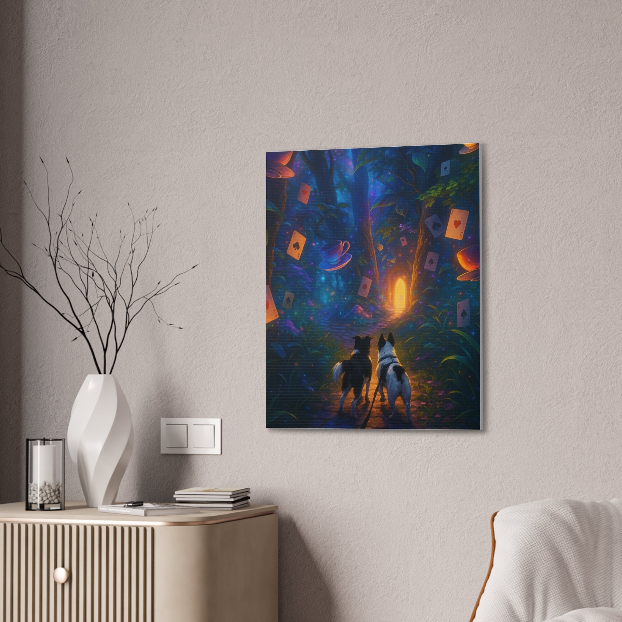 Magic Forest Canvas Wall Art — Dogs Exploring Wonderland with Glowing Door & Floating Playing Cards