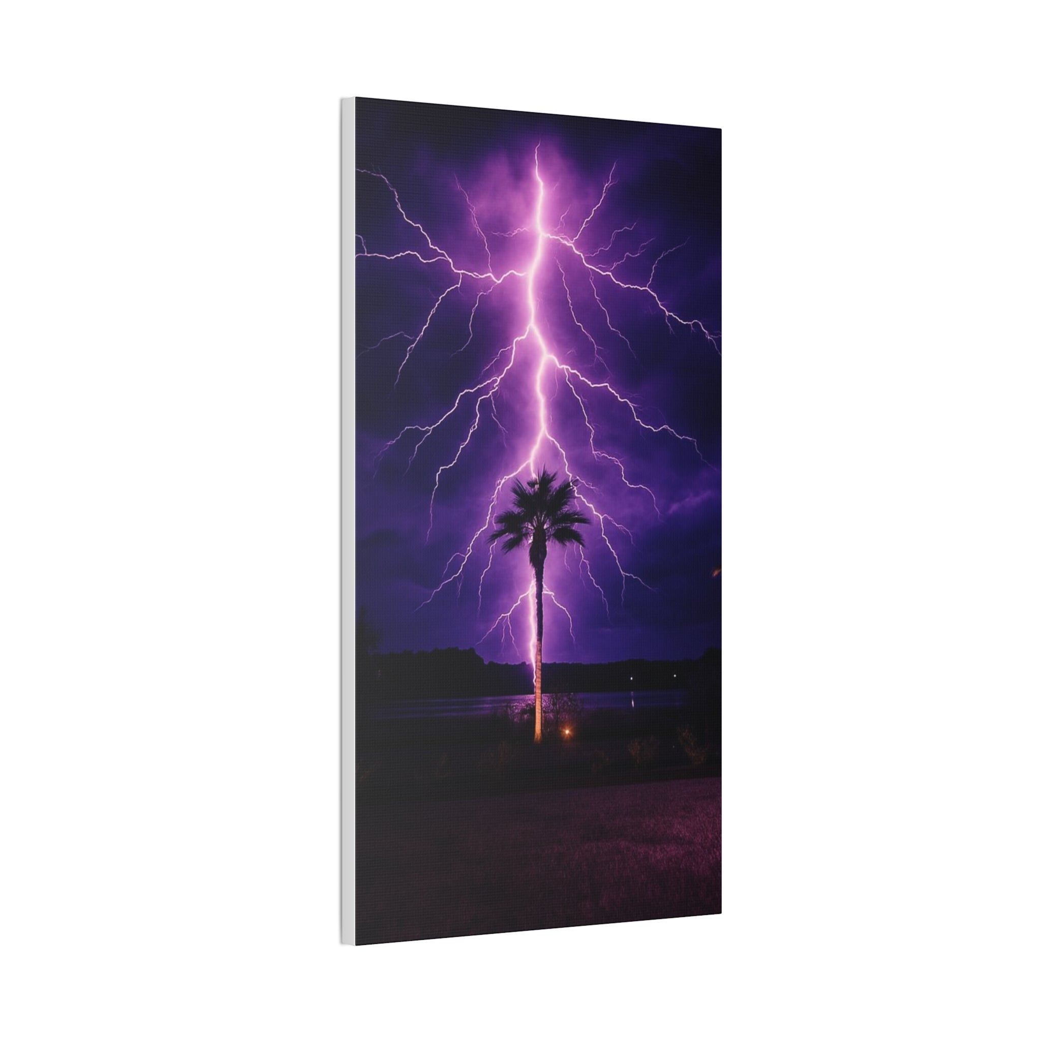 Purple Lightning Palm Tree Canvas Wall Art — Storm Photography Stretched Canvas
