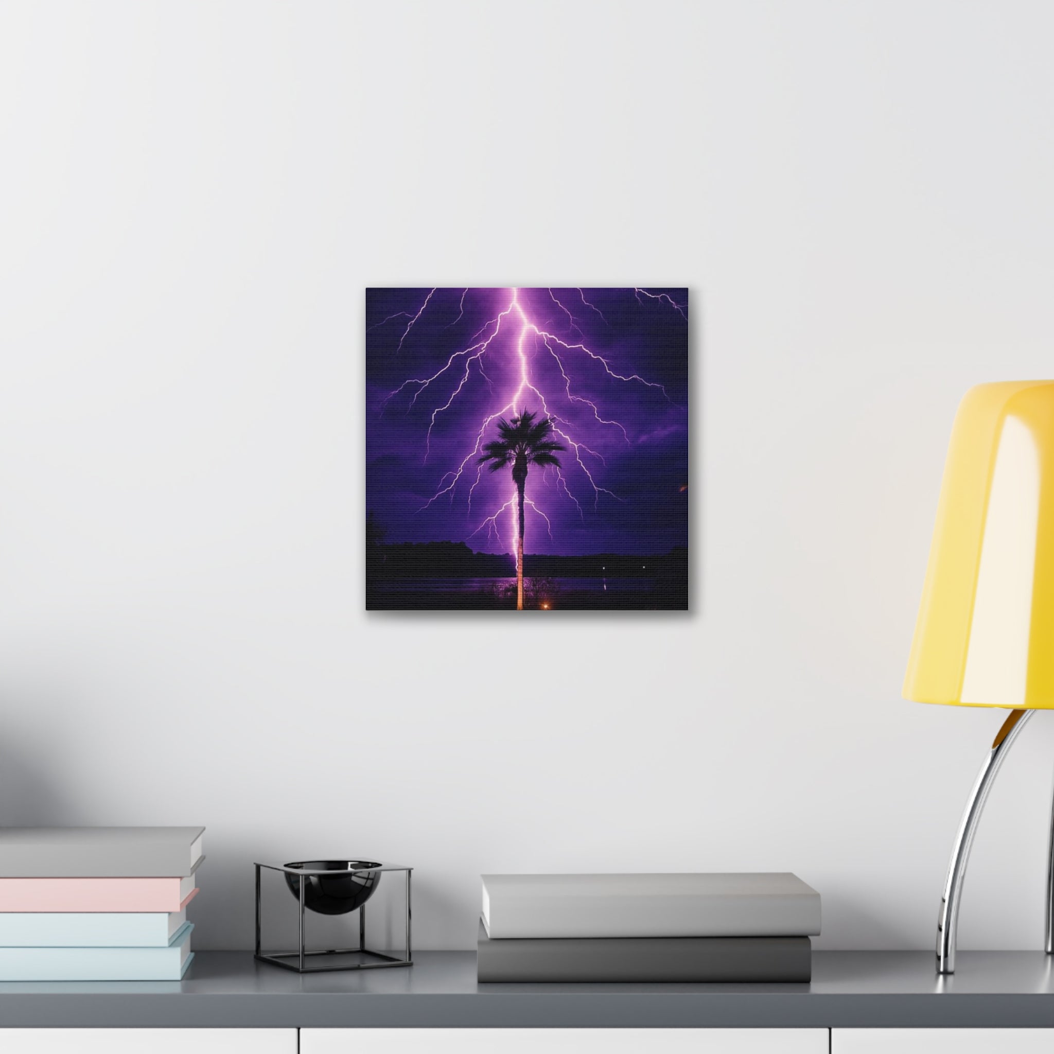 Purple Lightning Palm Tree Canvas Wall Art — Storm Photography Stretched Canvas