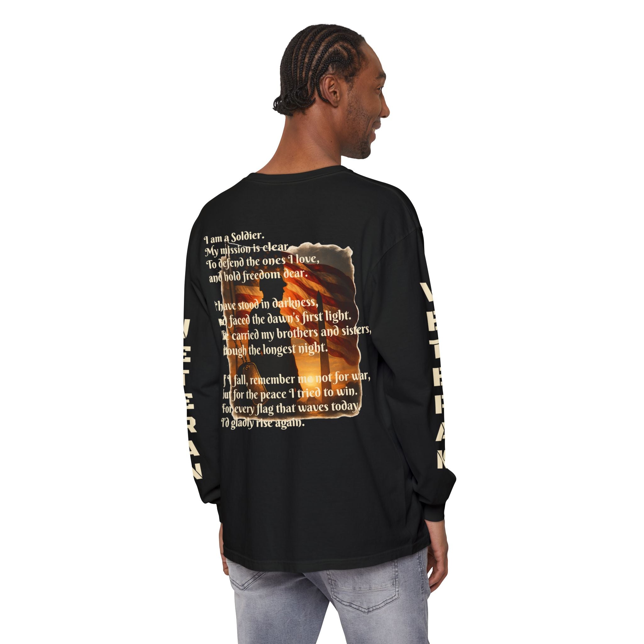 Veteran Tribute Long Sleeve T-Shirt — Patriotic Flag & Poem Design