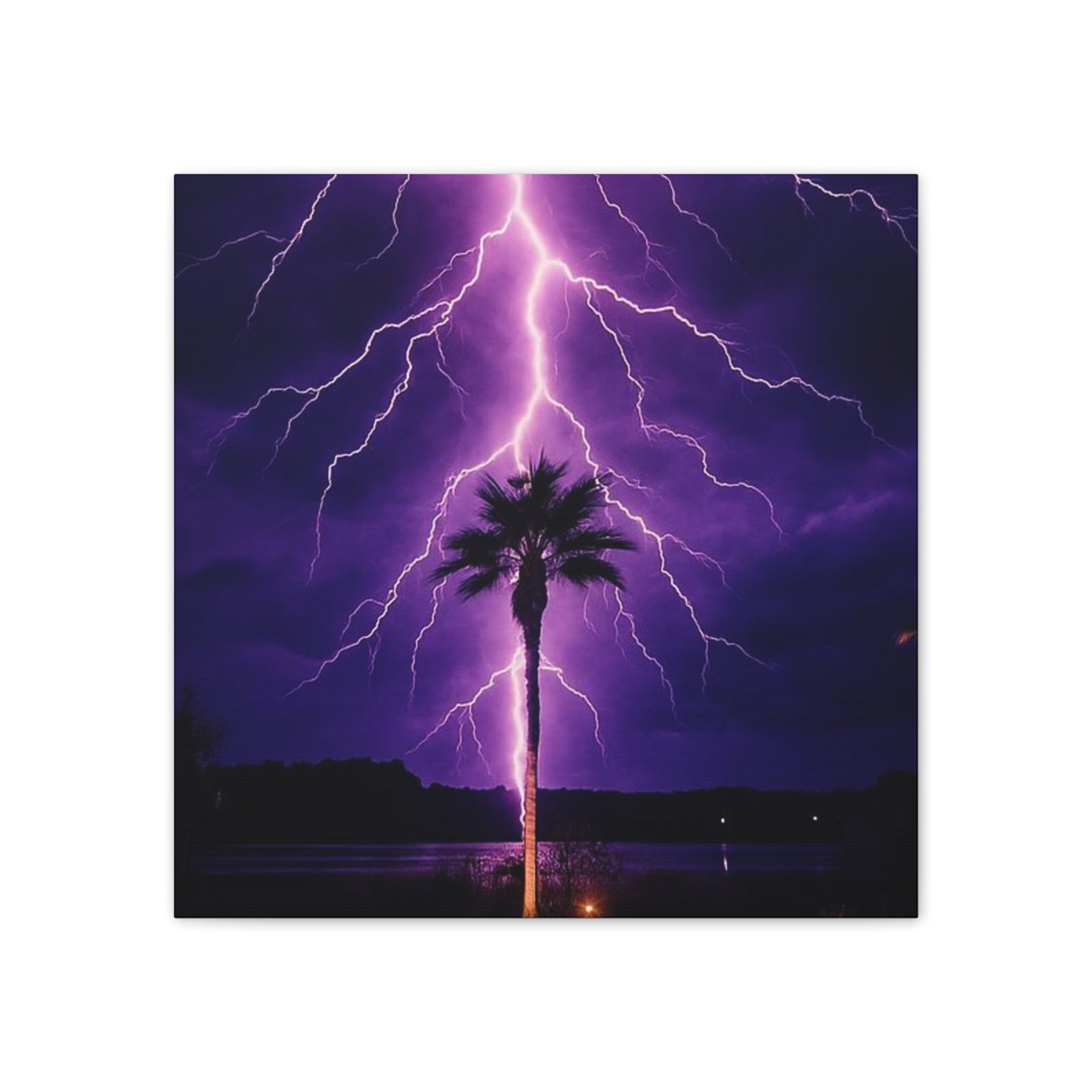 Purple Lightning Palm Tree Canvas Wall Art — Storm Photography Stretched Canvas