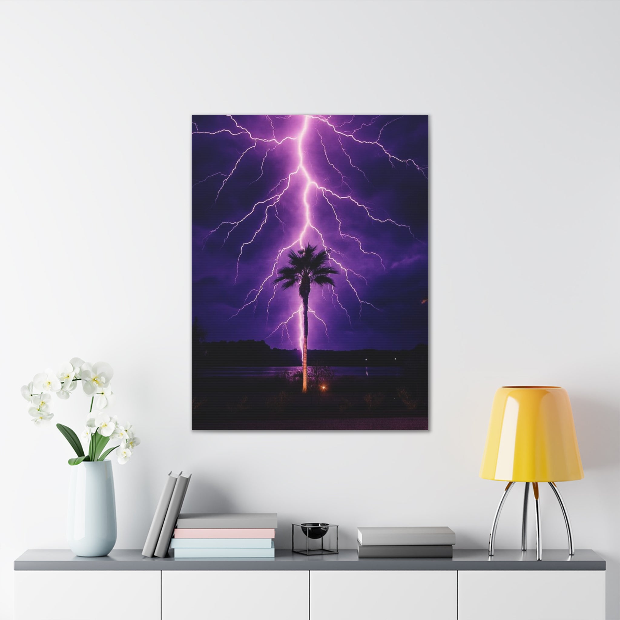 Purple Lightning Palm Tree Canvas Wall Art — Storm Photography Stretched Canvas