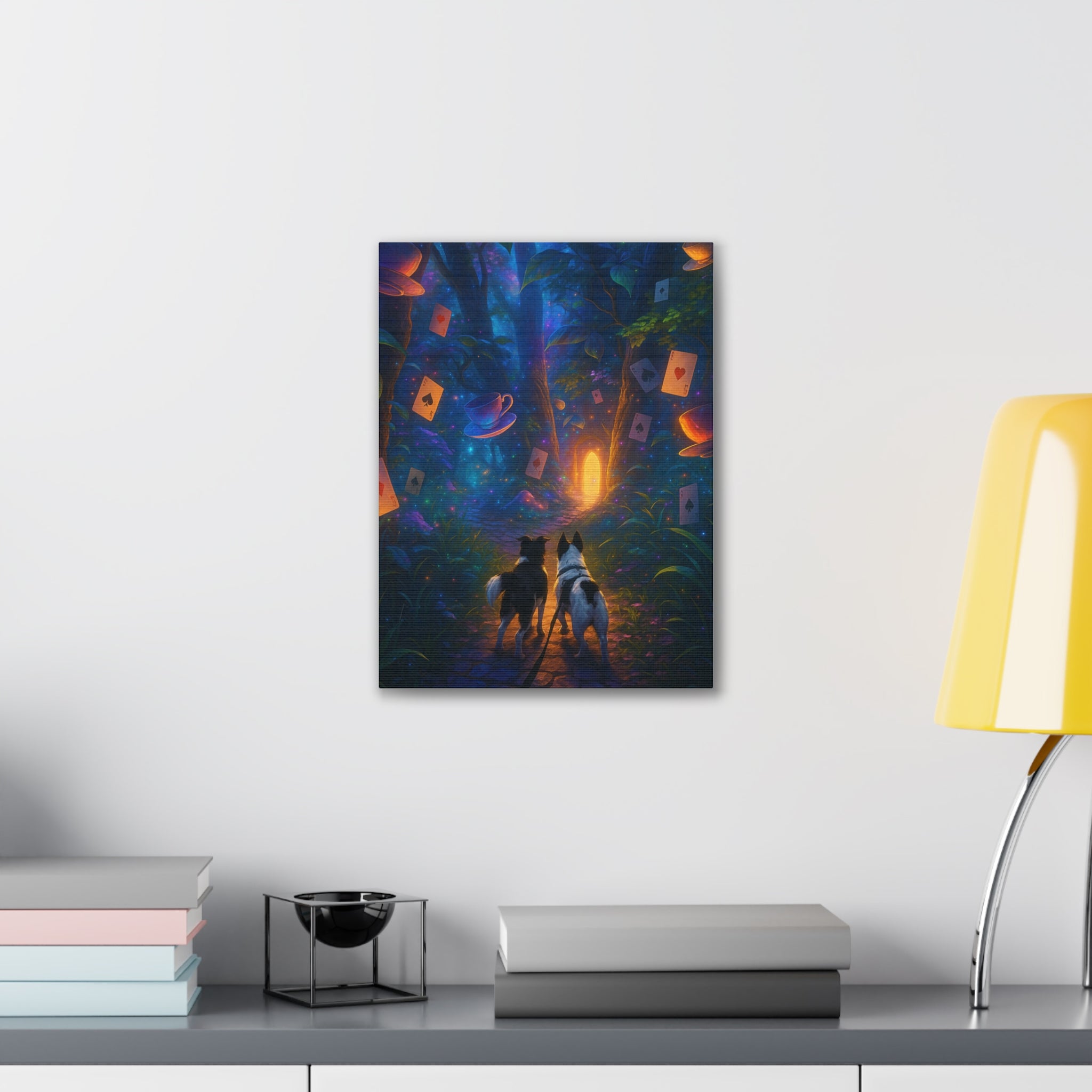 Magic Forest Canvas Wall Art — Dogs Exploring Wonderland with Glowing Door & Floating Playing Cards