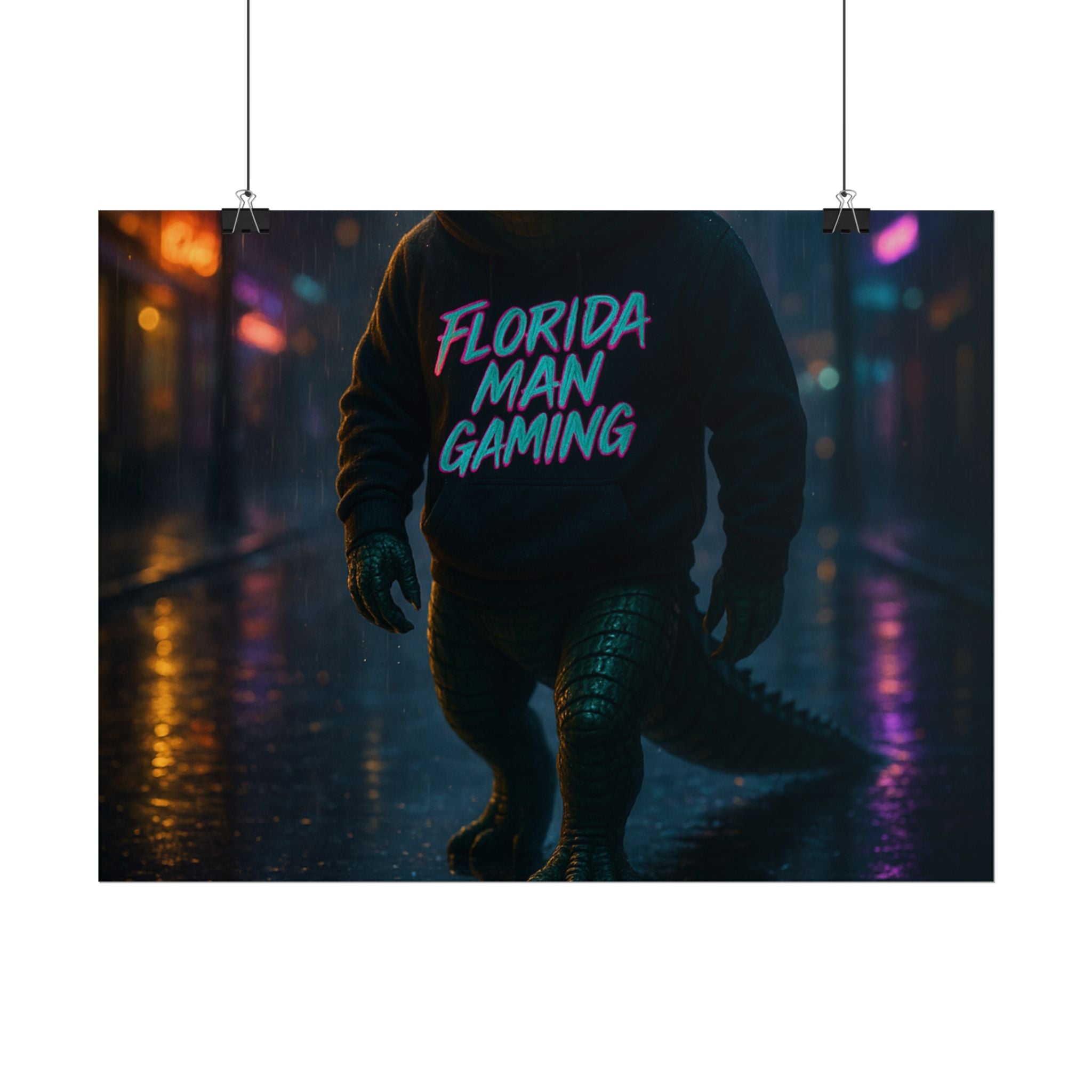 Rolled Posters - Florida Man Gaming Alligator Neon Cyberpunk Scene