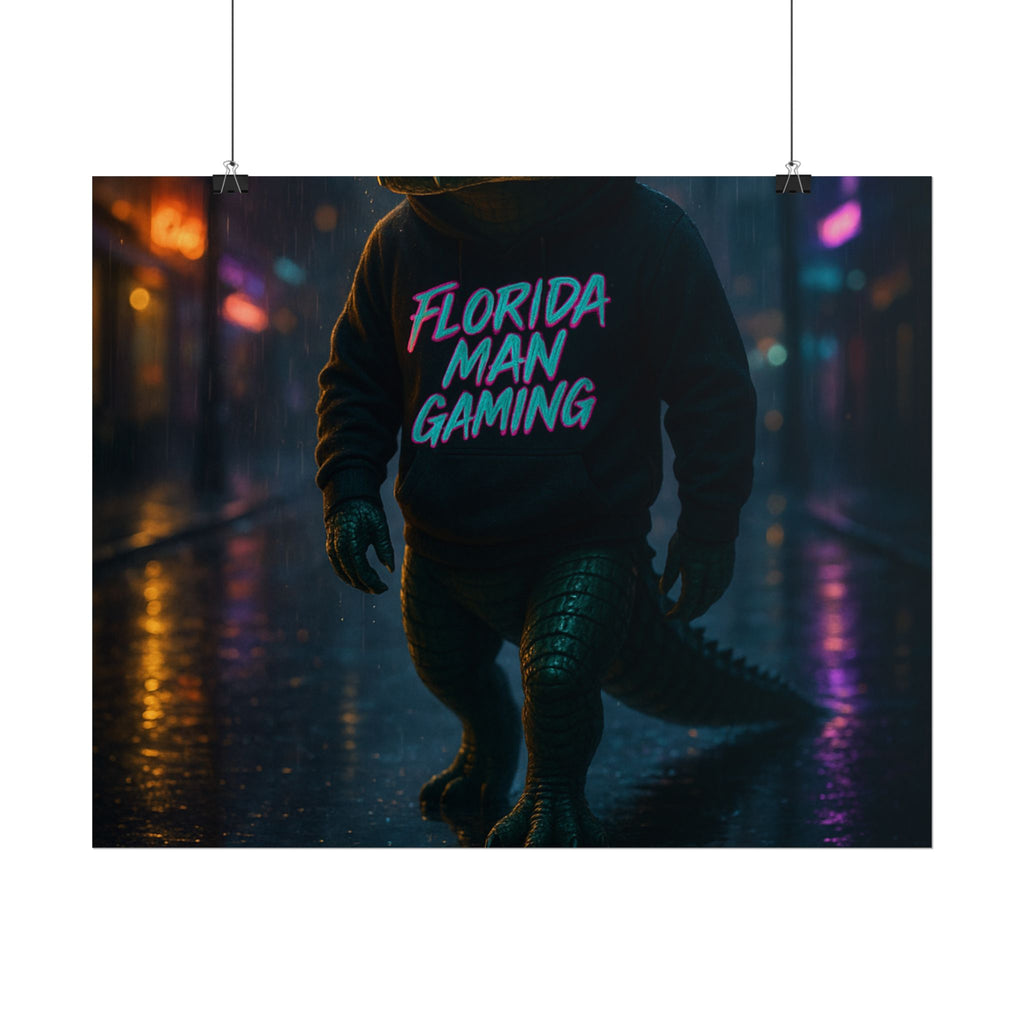Rolled Posters - Florida Man Gaming Alligator Neon Cyberpunk Scene