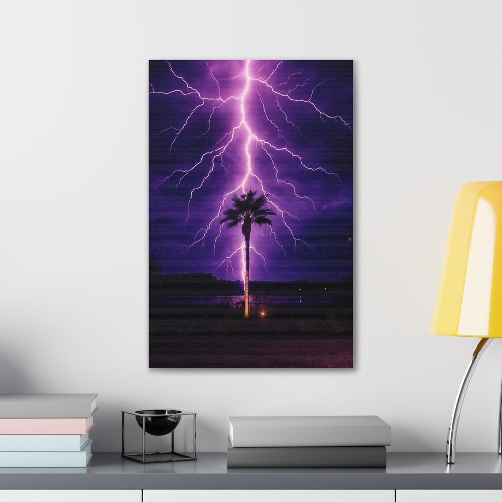Purple Lightning Palm Tree Canvas Wall Art — Storm Photography Stretched Canvas