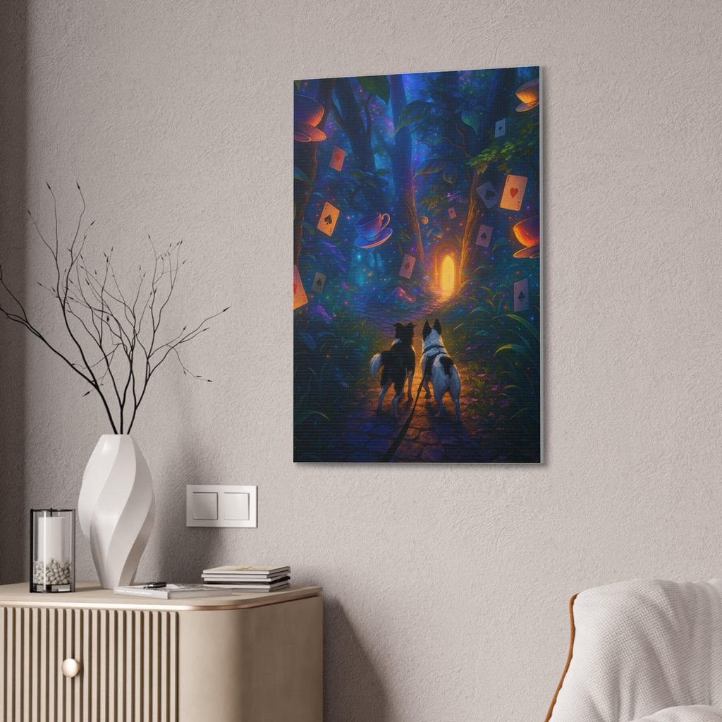 Magic Forest Canvas Wall Art — Dogs Exploring Wonderland with Glowing Door & Floating Playing Cards