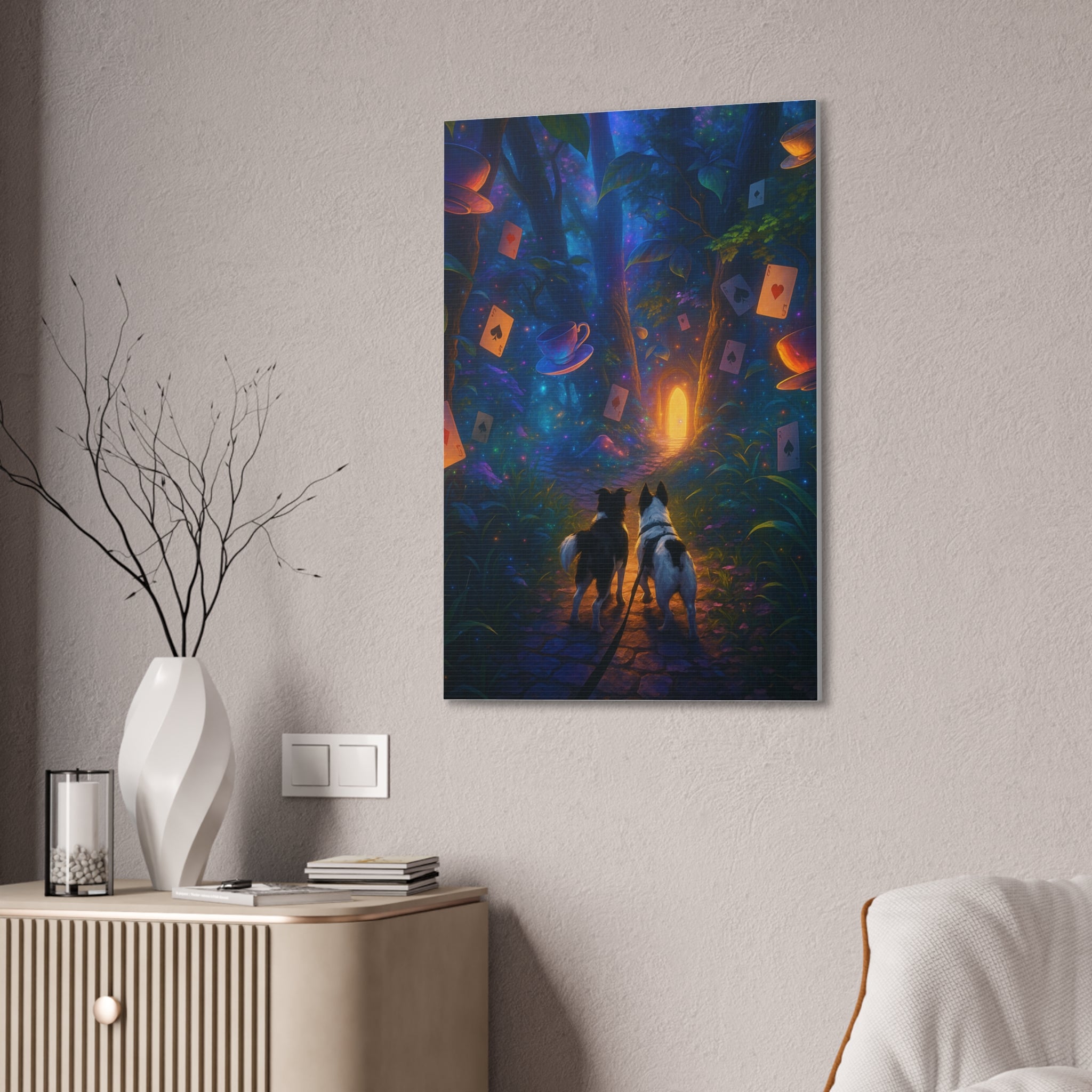 Magic Forest Canvas Wall Art — Dogs Exploring Wonderland with Glowing Door & Floating Playing Cards