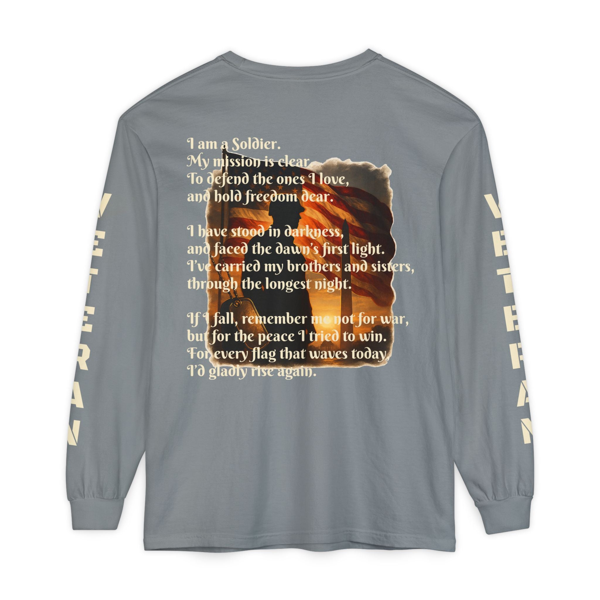 Veteran Tribute Long Sleeve T-Shirt — Patriotic Flag & Poem Design