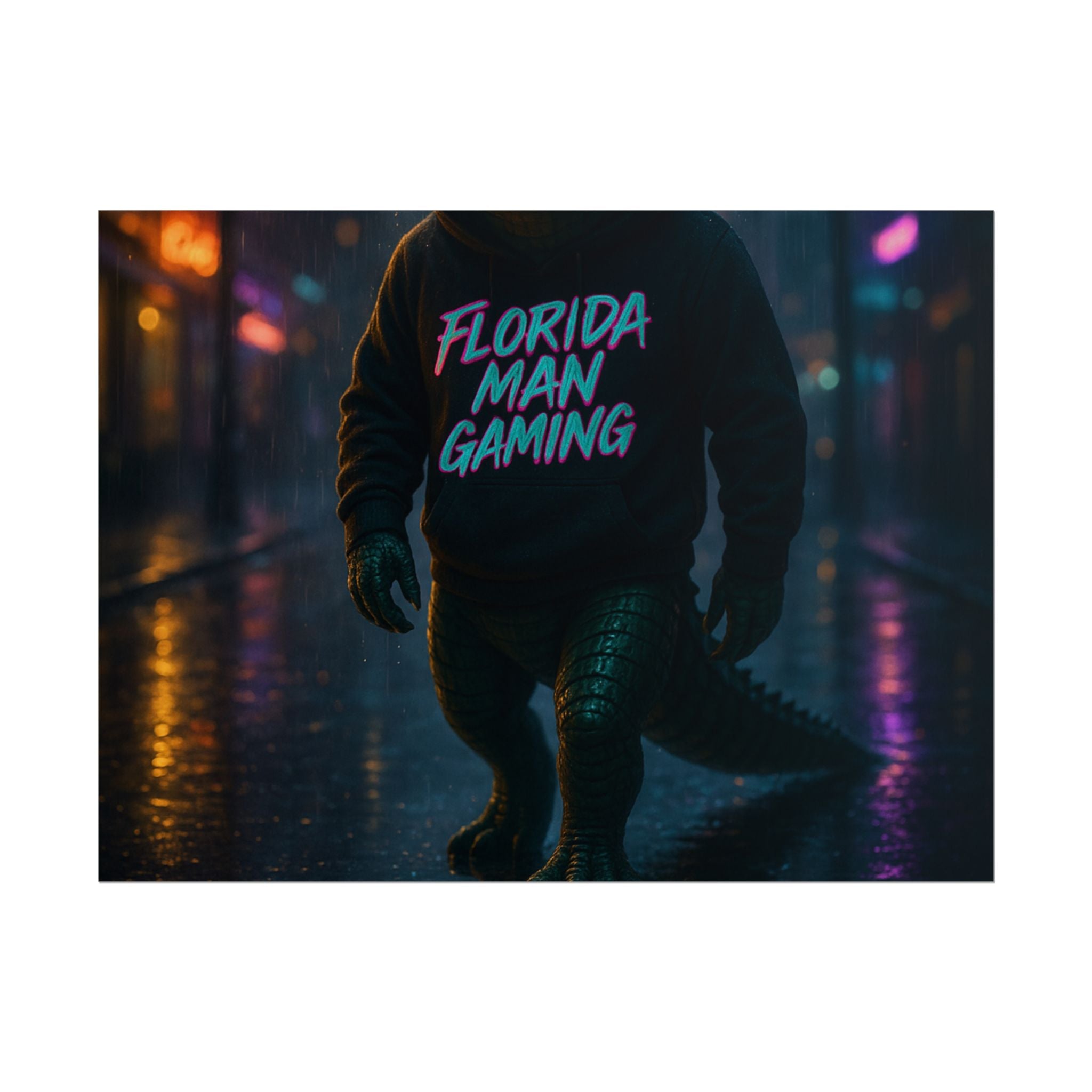 Rolled Posters - Florida Man Gaming Alligator Neon Cyberpunk Scene