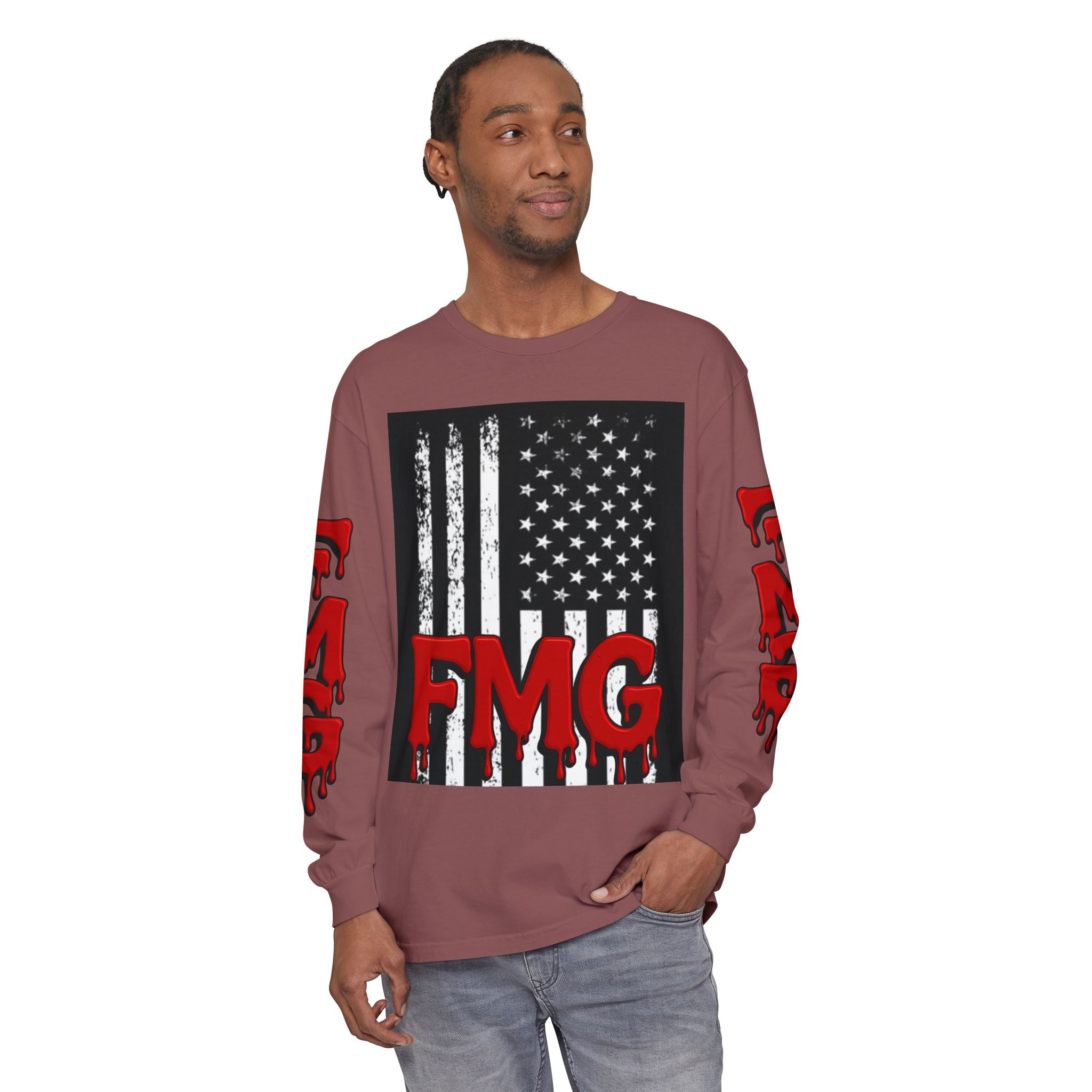 Long Sleeve T-Shirt — Distressed American Flag with Dripping "FMG" Sleeves