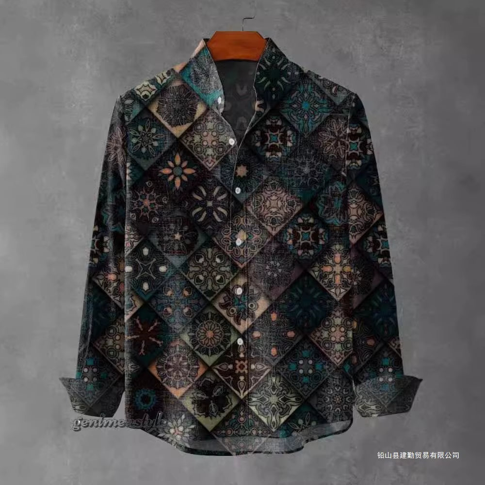 2025 Spring and Autumn Men'S Fashion Stand Collar Linen Long Sleeved Shirt Elegant Fragmented Pattern Printed Top