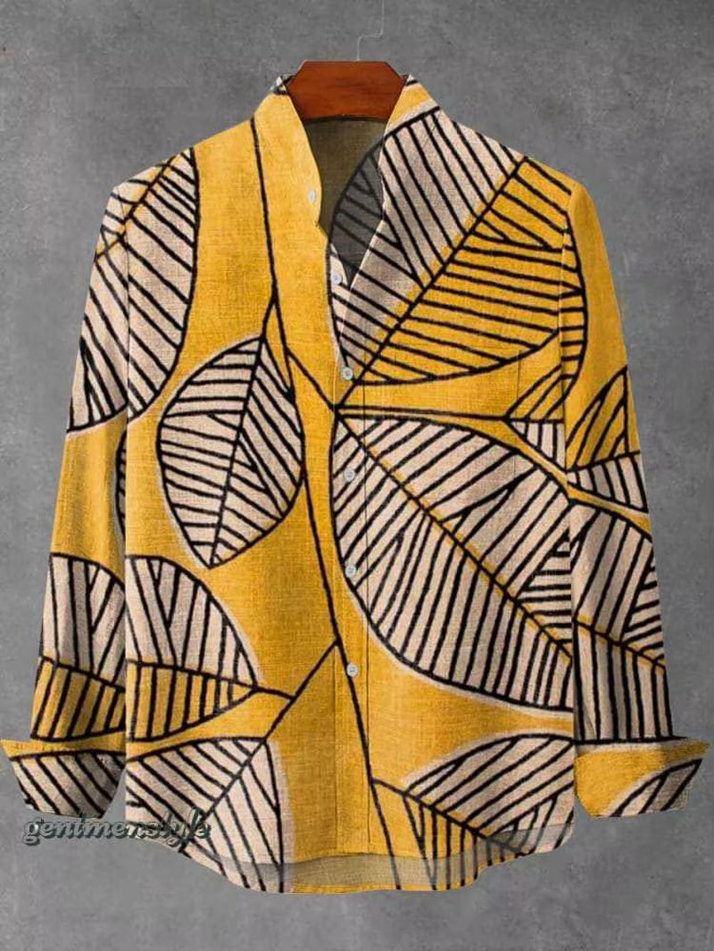 2025 Spring and Autumn Men'S Fashion Stand Collar Linen Long Sleeved Shirt Elegant Fragmented Pattern Printed Top