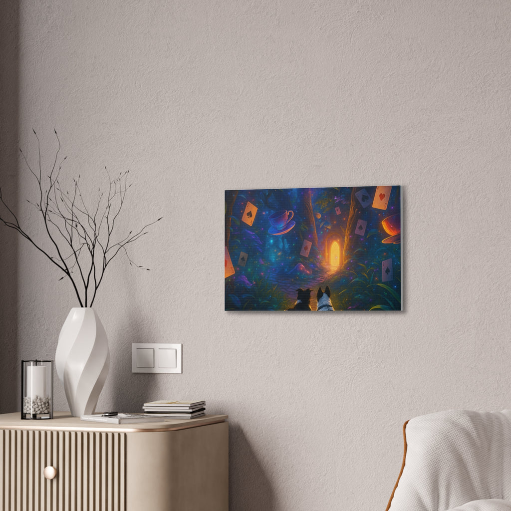 Magic Forest Canvas Wall Art — Dogs Exploring Wonderland with Glowing Door & Floating Playing Cards