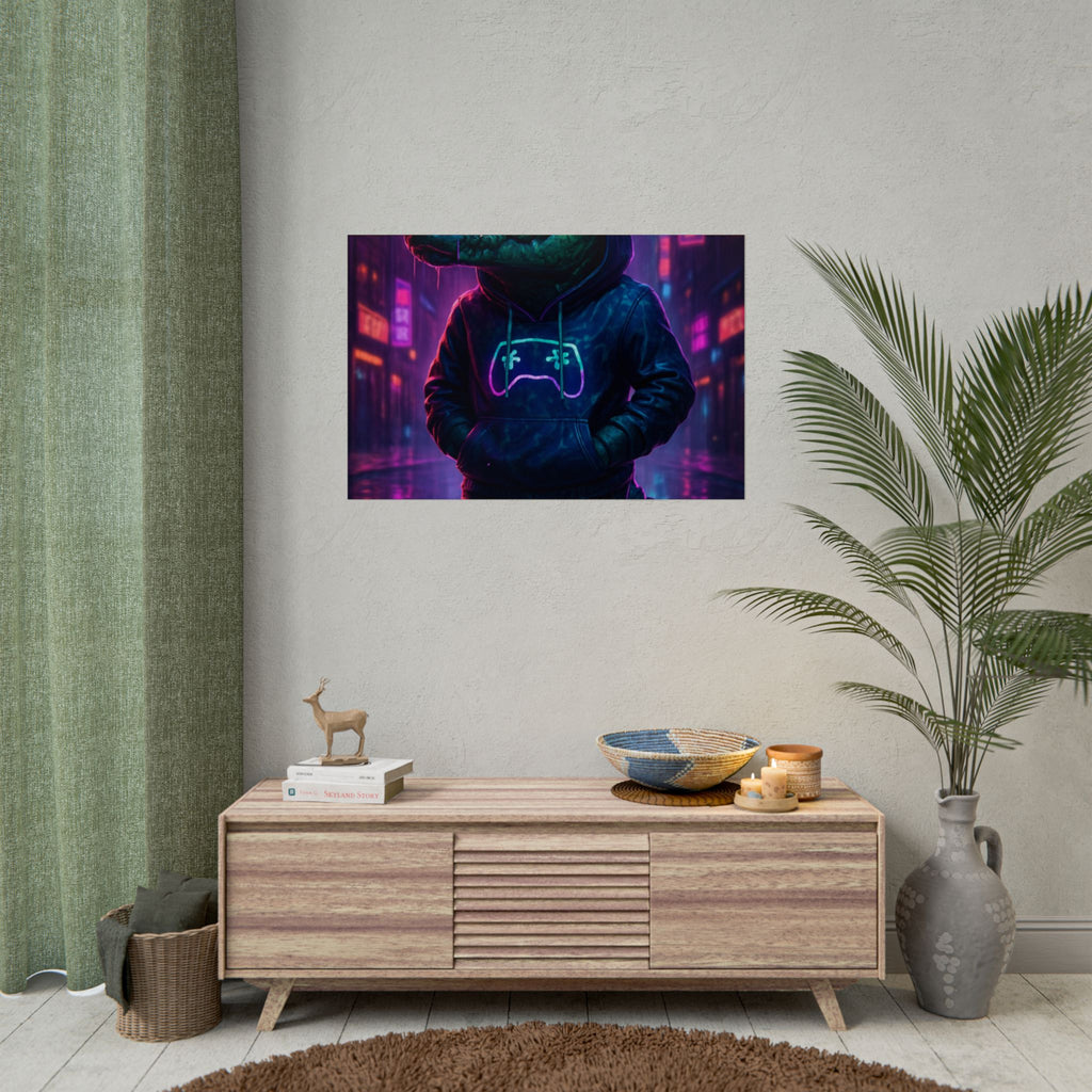 Rolled Posters - Florida Man Gaming Alligator Neon Gamer Hoodie Poster Print