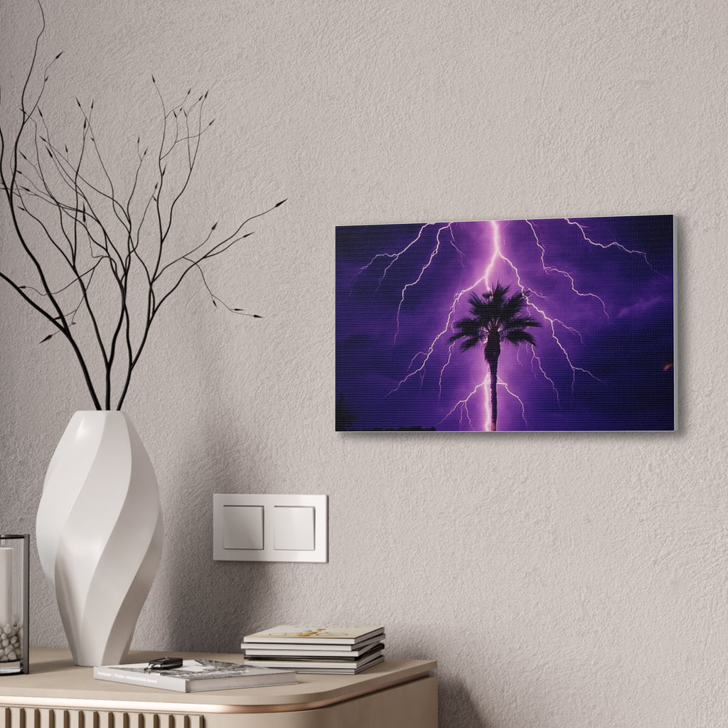 Purple Lightning Palm Tree Canvas Wall Art — Storm Photography Stretched Canvas
